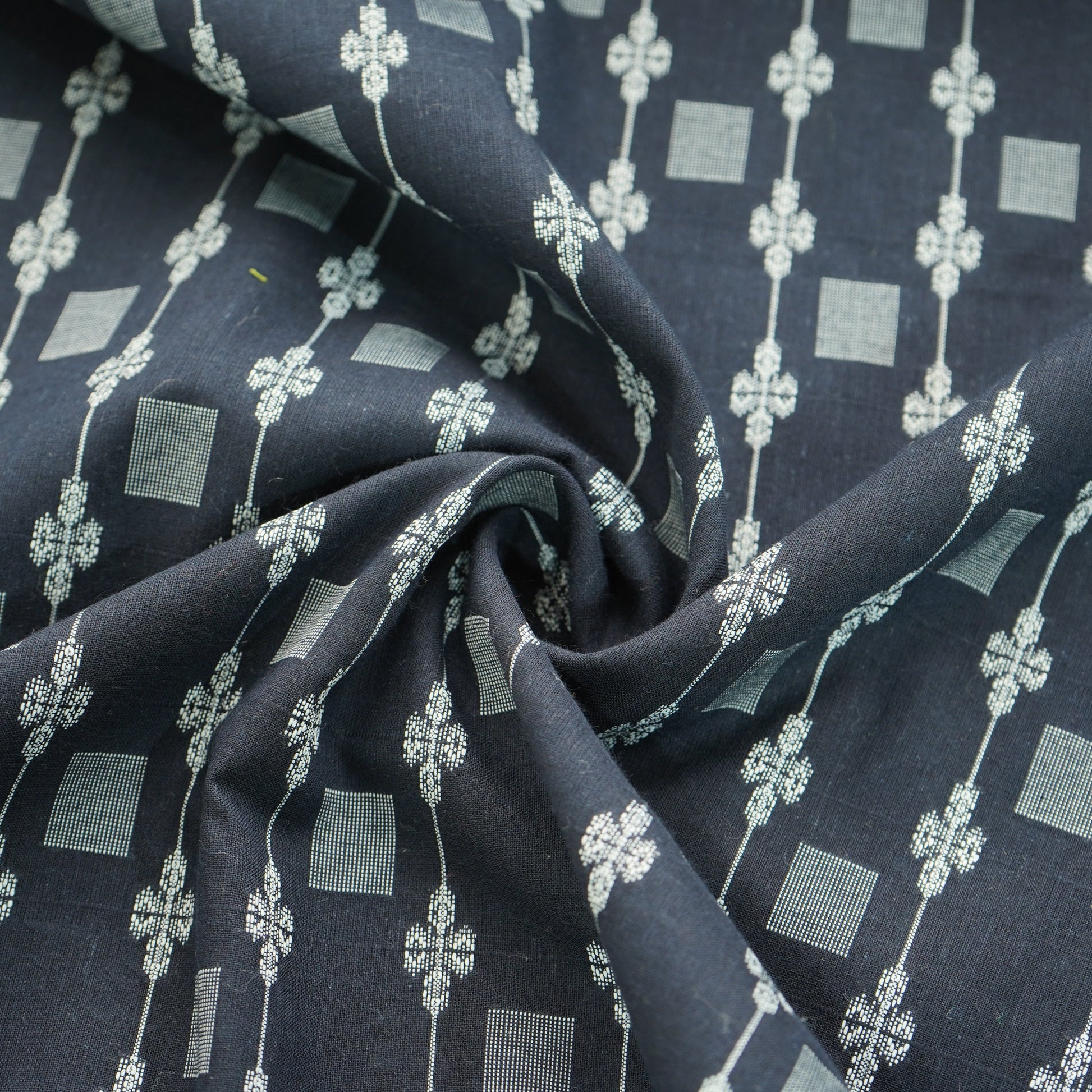 Blue Floral Geometrical Silver Dobby Embroidery Cotton Fabric 16436