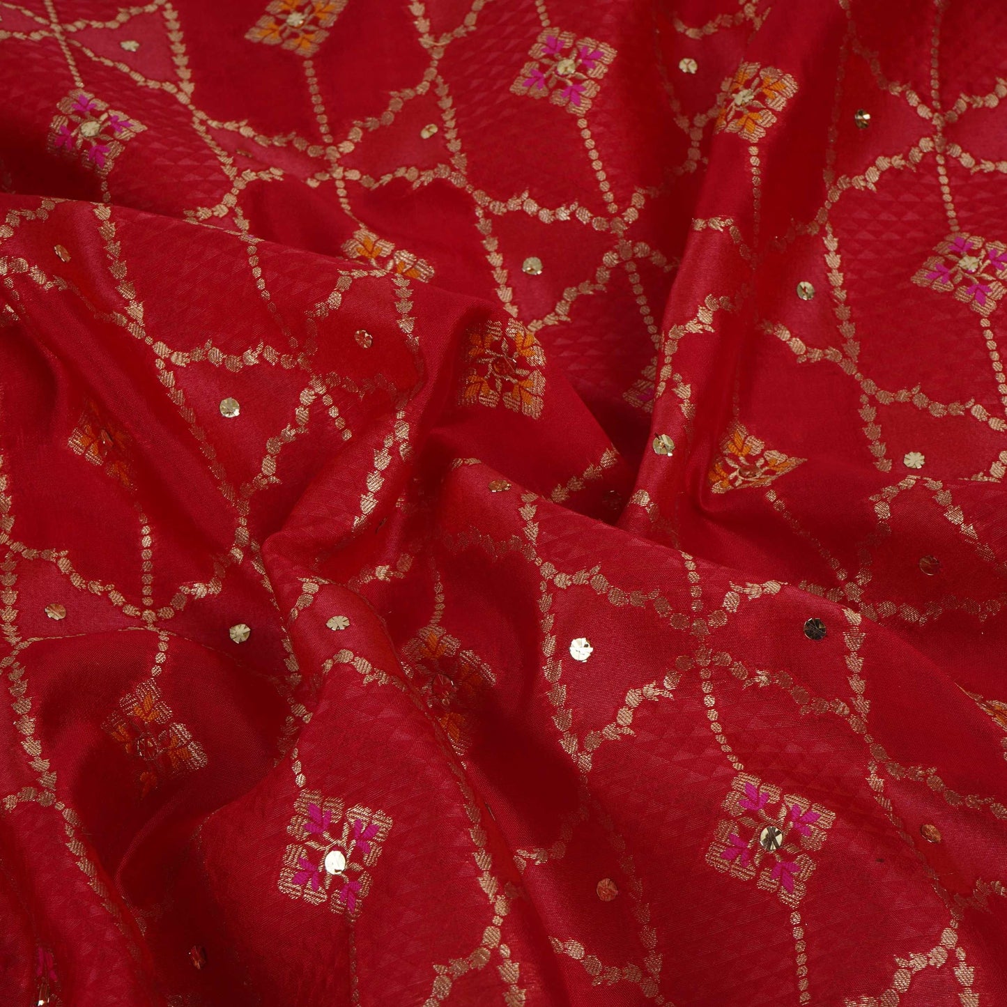 Red Mukesh Work with Jacquard Dupion Silk Tissue Fabric YHF-32822