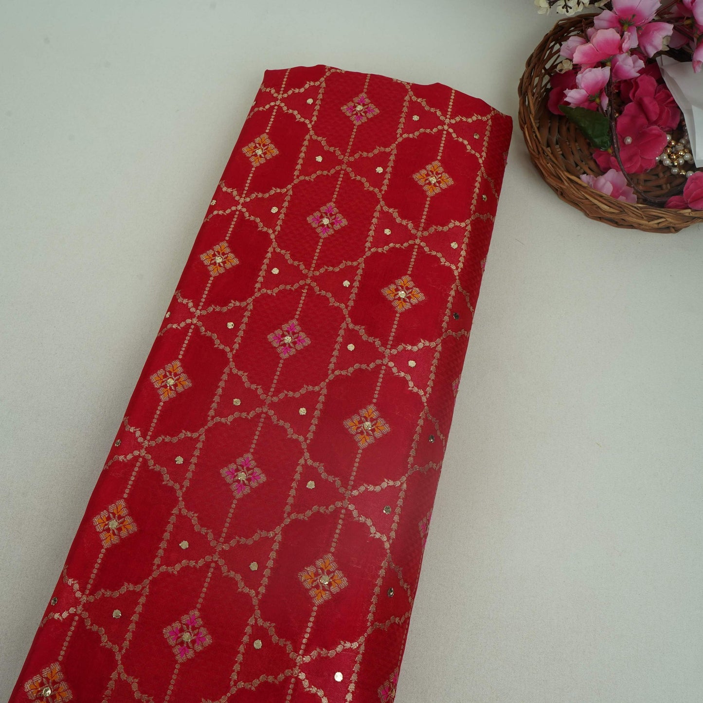 Red Mukesh Work with Jacquard Dupion Silk Tissue Fabric YHF-32822