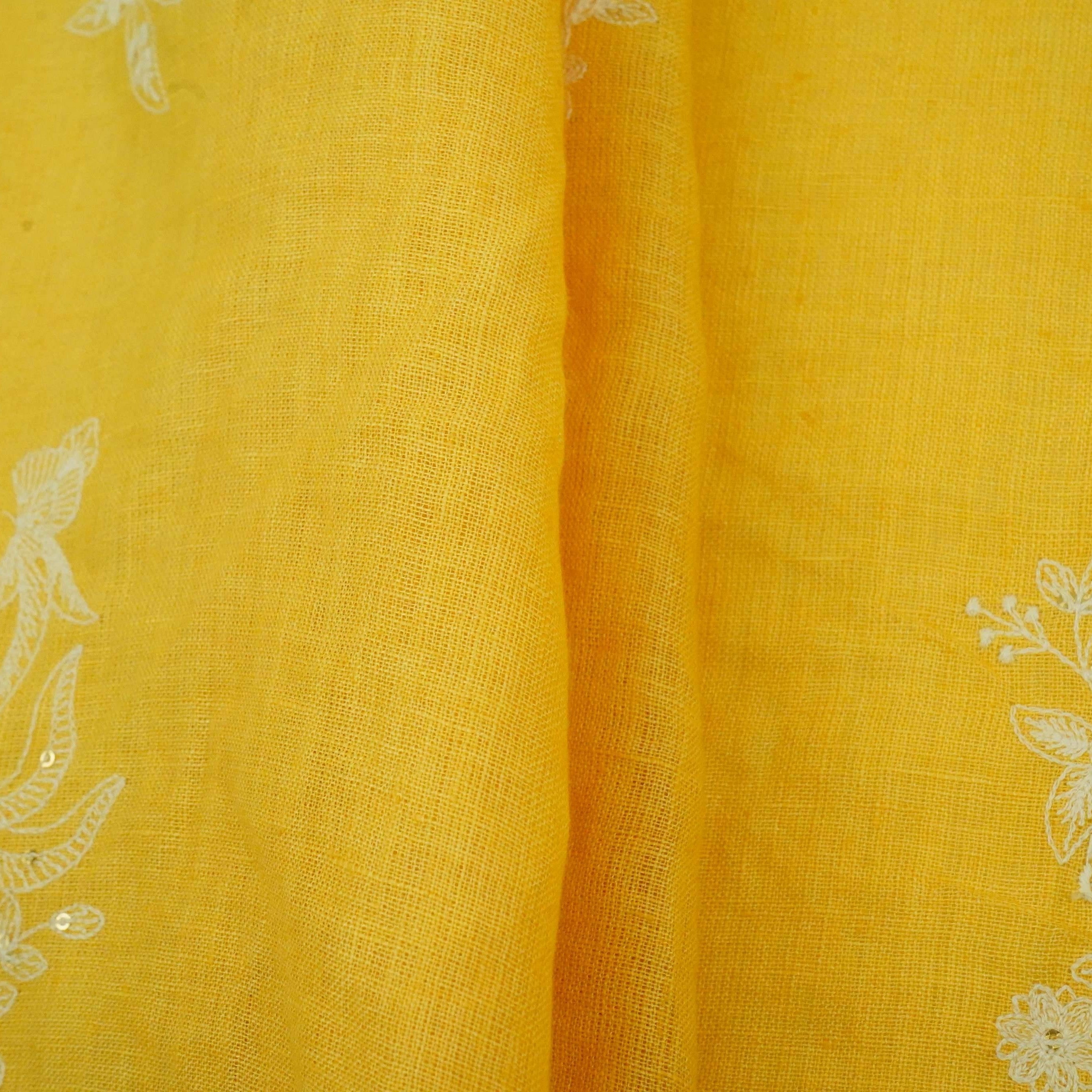 Mustard Yellow thread embroidery Pure Linen Fabric SN-31243 - TradeUNO