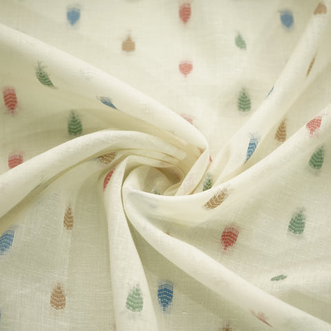 Off White Multicolor Buti Dobby Embroidery Dyeable Cotton Fabric