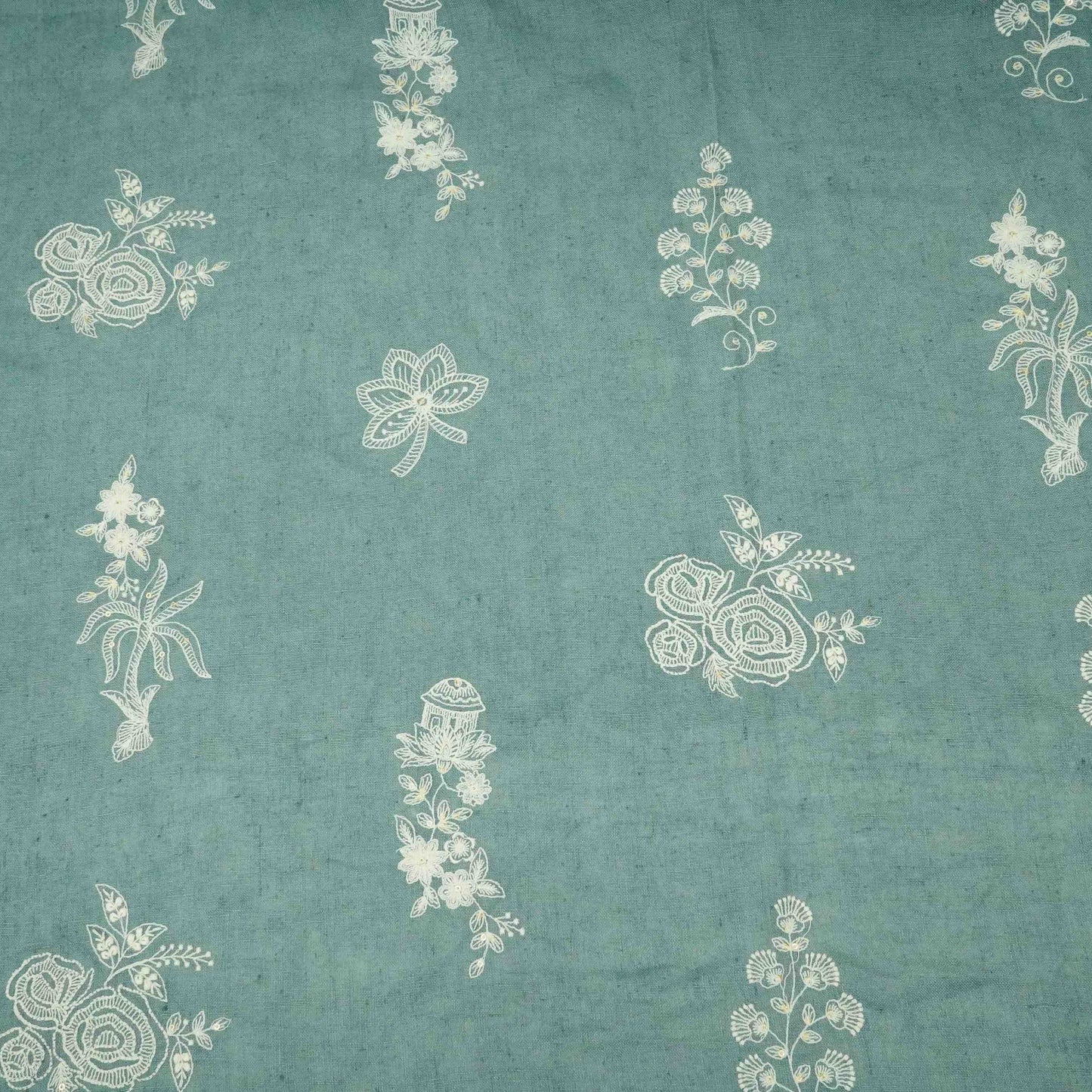 Dusty Denim thread embroidery Pure Linen Fabric SN-31245