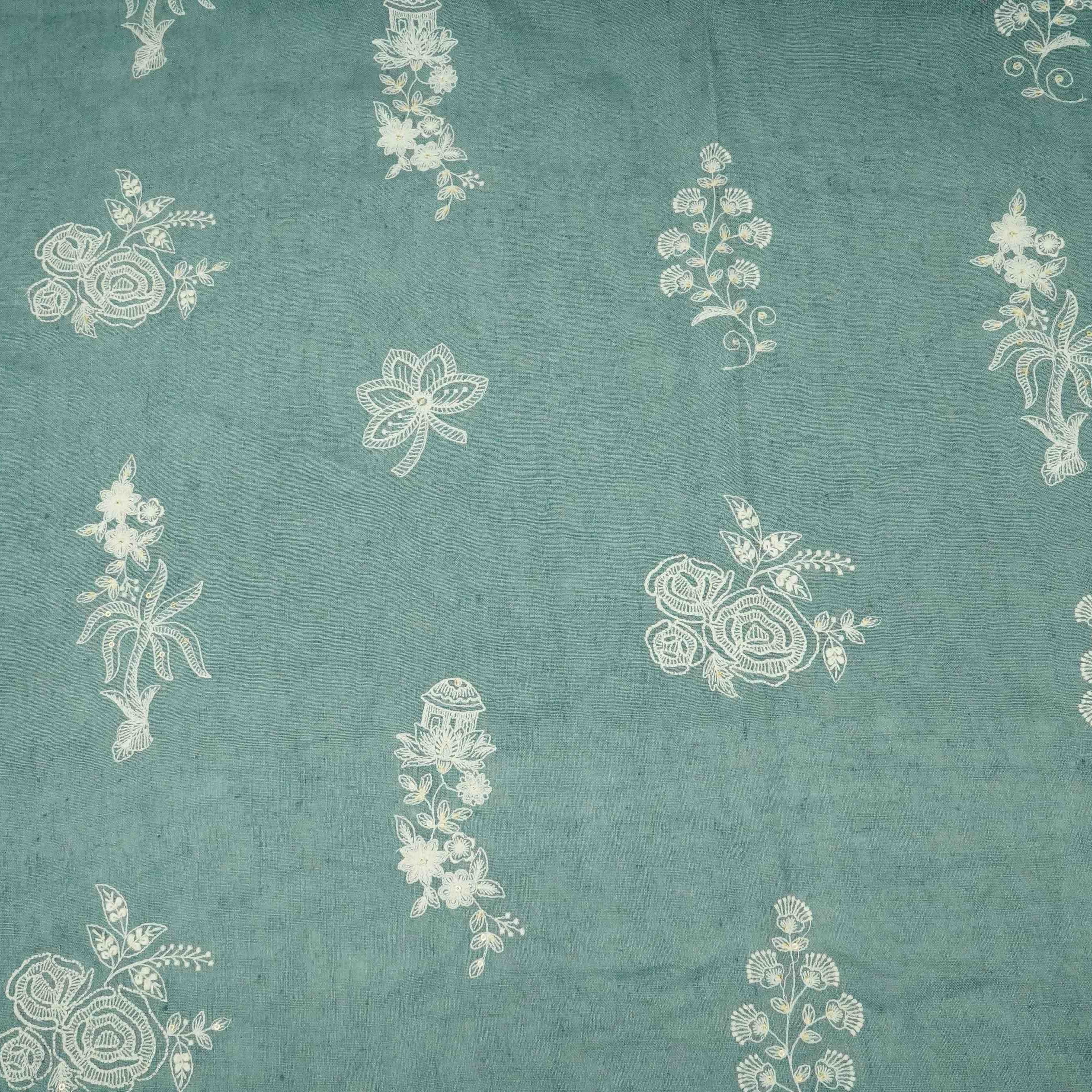 Dusty Denim thread embroidery Pure Linen Fabric SN-31245 - TradeUNO