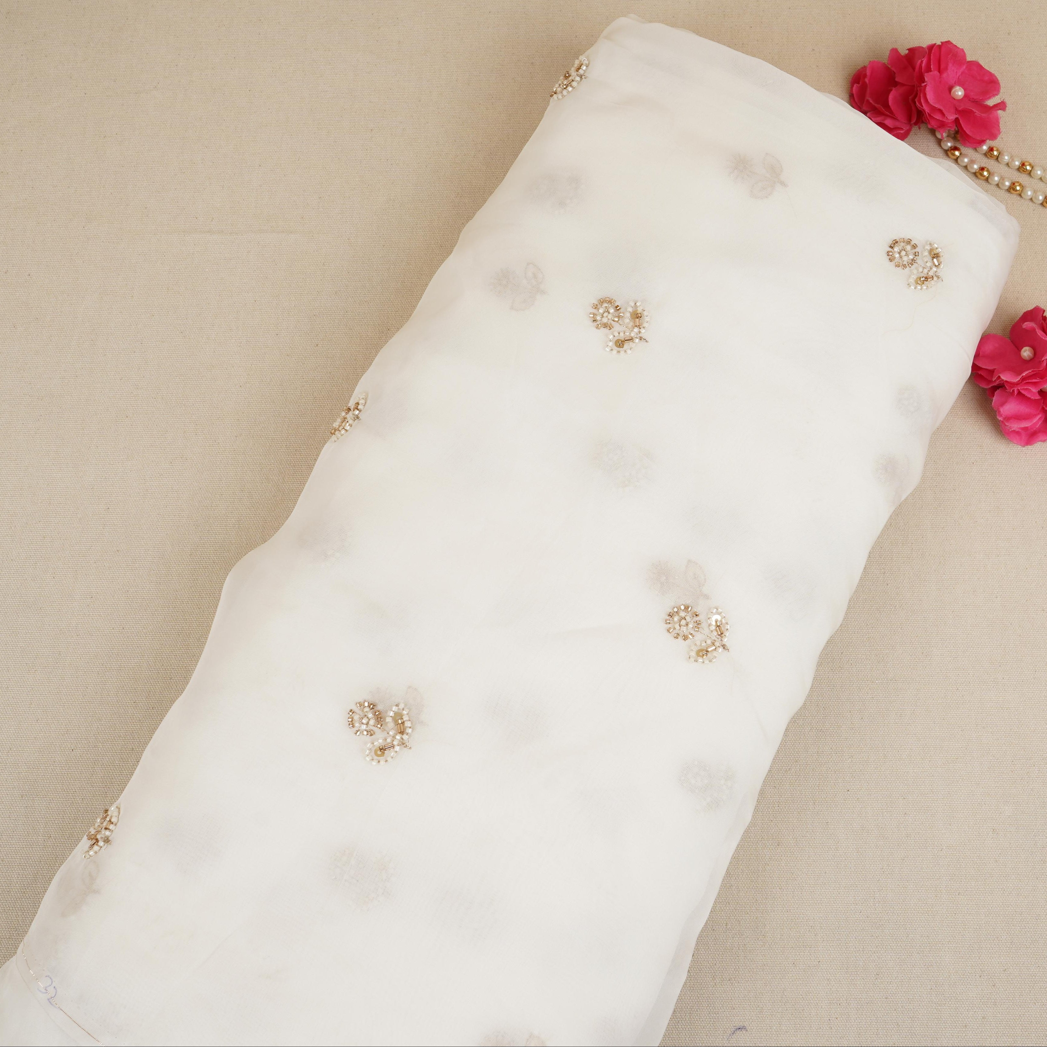 White Cutdana embroidery Organza Fabric STF-29670 - TradeUNO