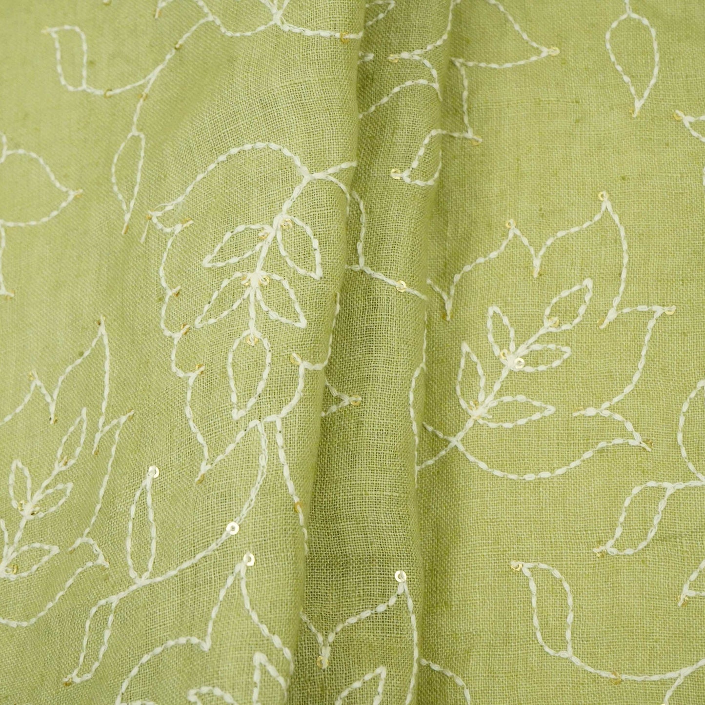 Sage Green thread embroidery Pure Linen Fabric SN-31241