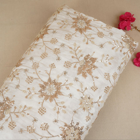 White floral Cutdana embroidery Crepe Fabric STF-29671