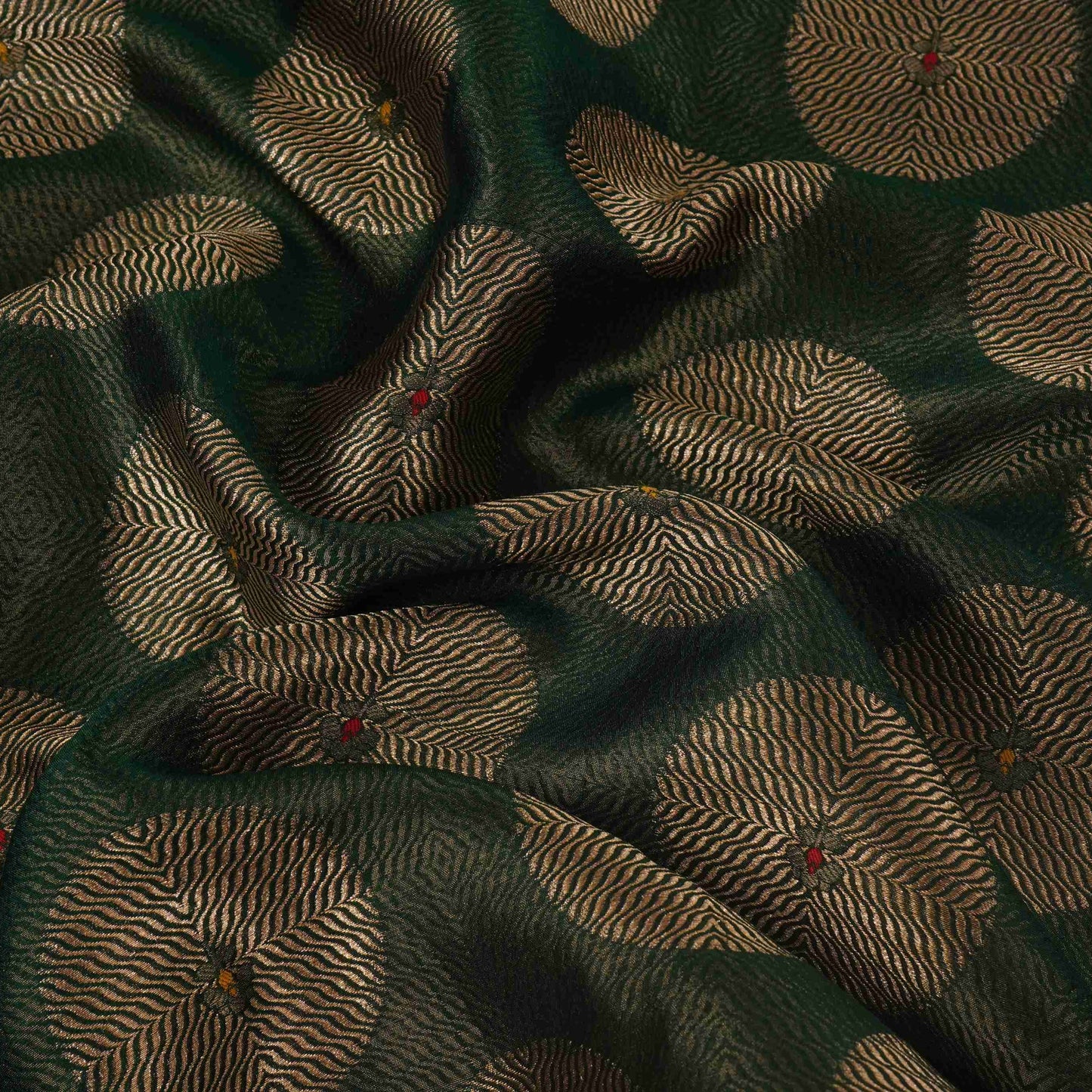 Bottle Green Zari Buta Dupion Silk Tissue Fabric YHF-32816