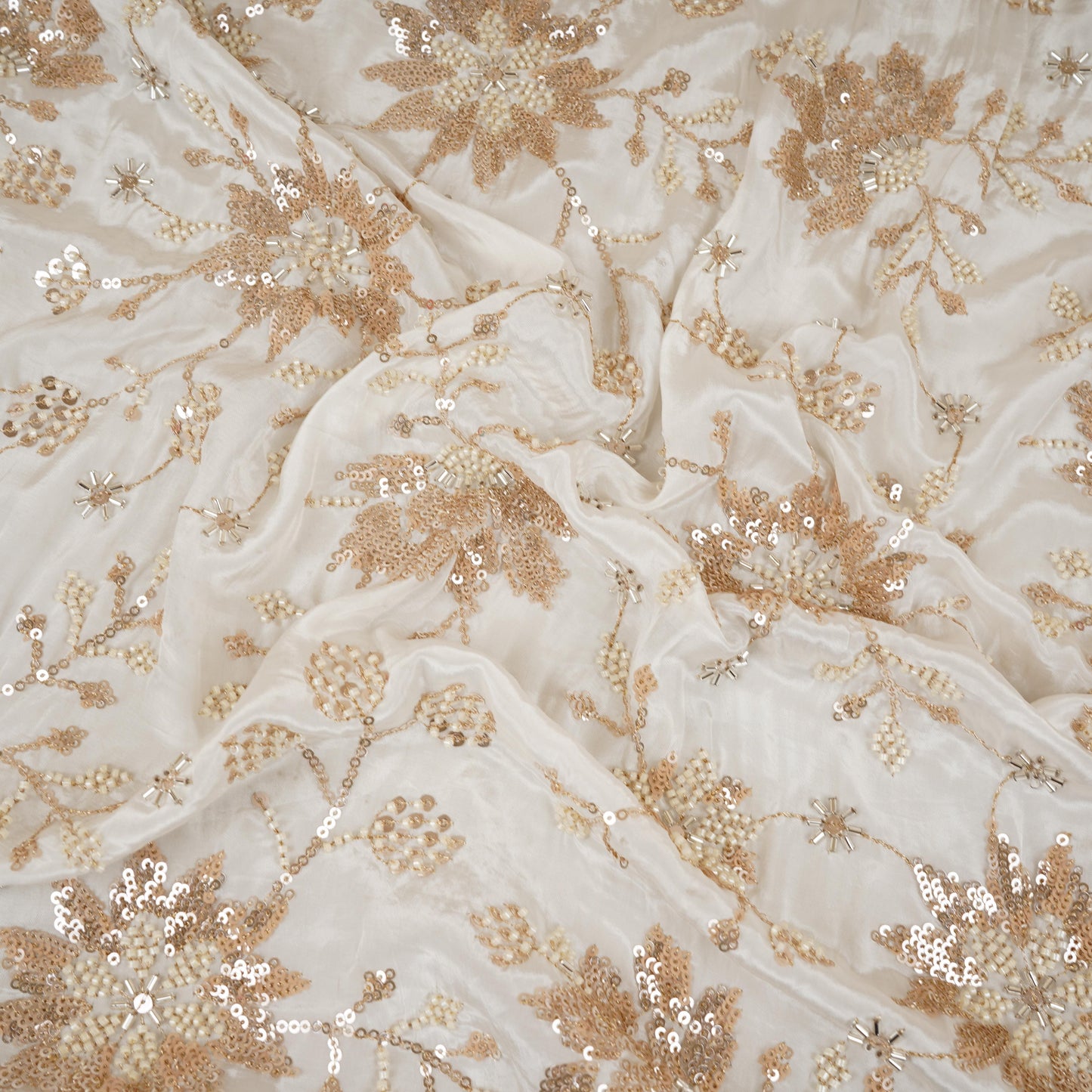 White floral Cutdana embroidery Crepe Fabric STF-29671