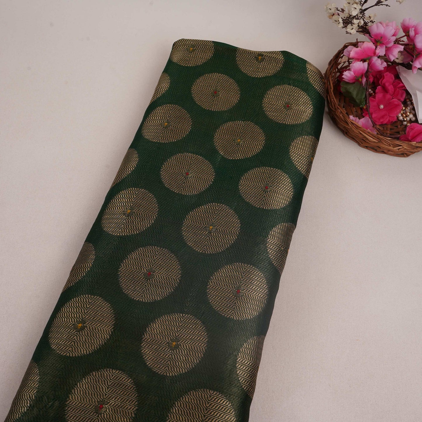 Bottle Green Zari Buta Dupion Silk Tissue Fabric YHF-32816