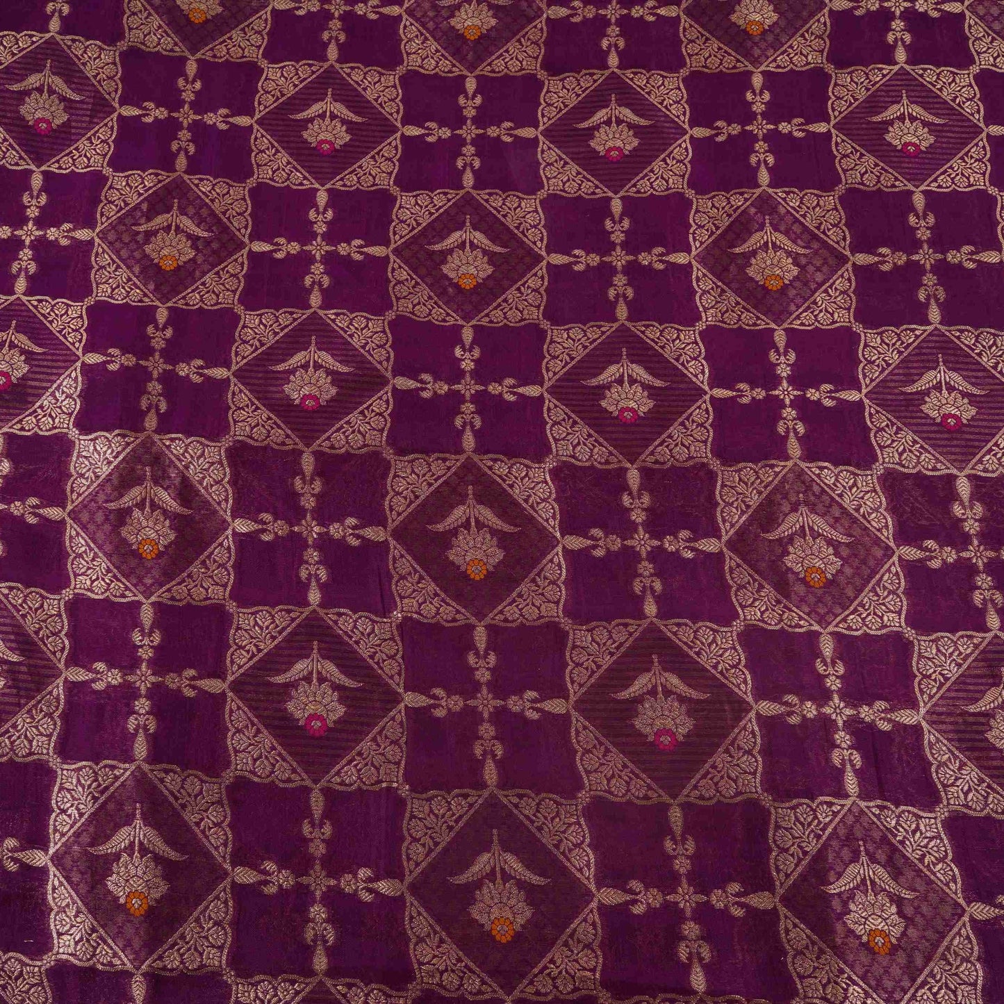 Purple Floral Jaal Dupion Silk Tissue Fabric YHF-32829