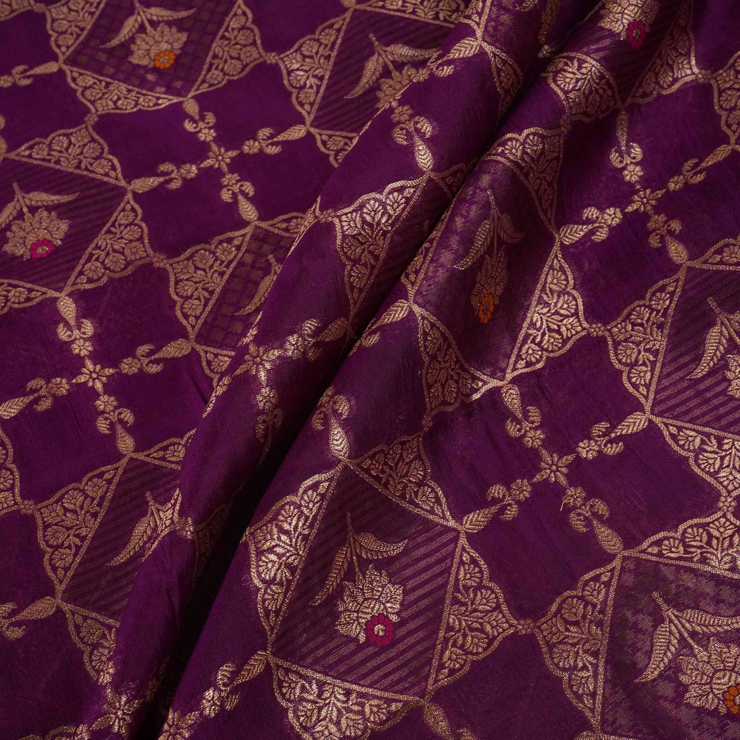 Purple Floral Jaal Dupion Silk Tissue Fabric YHF-32829
