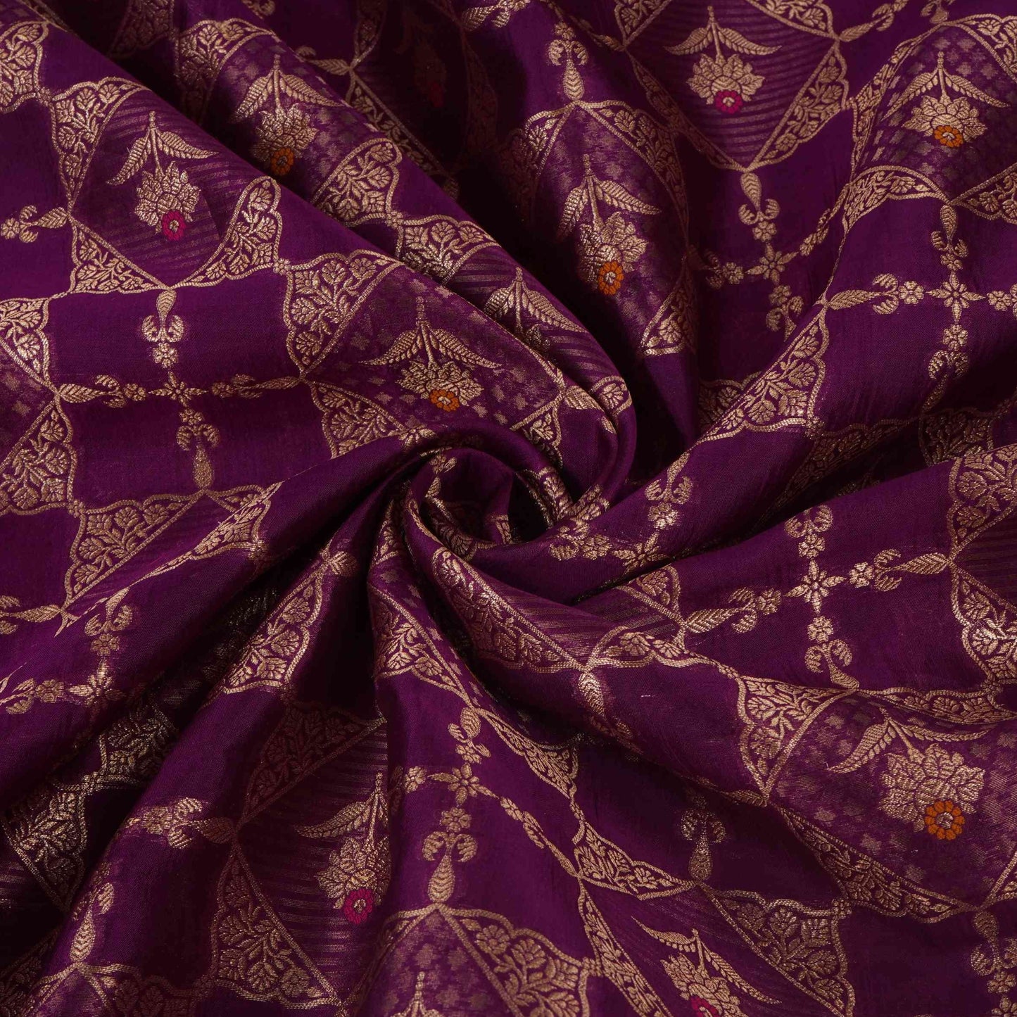 Purple Floral Jaal Dupion Silk Tissue Fabric YHF-32829