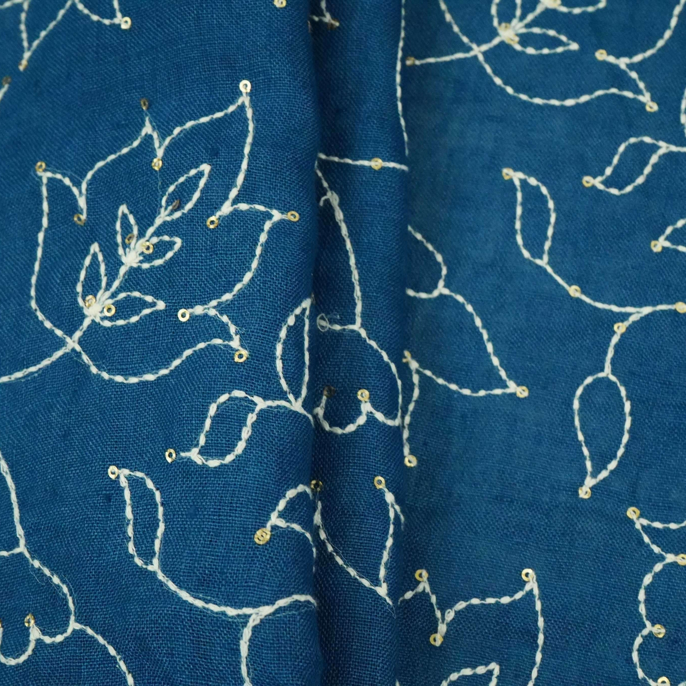 Denim Blue thread embroidery Pure Linen Fabric SN-31240 - TradeUNO