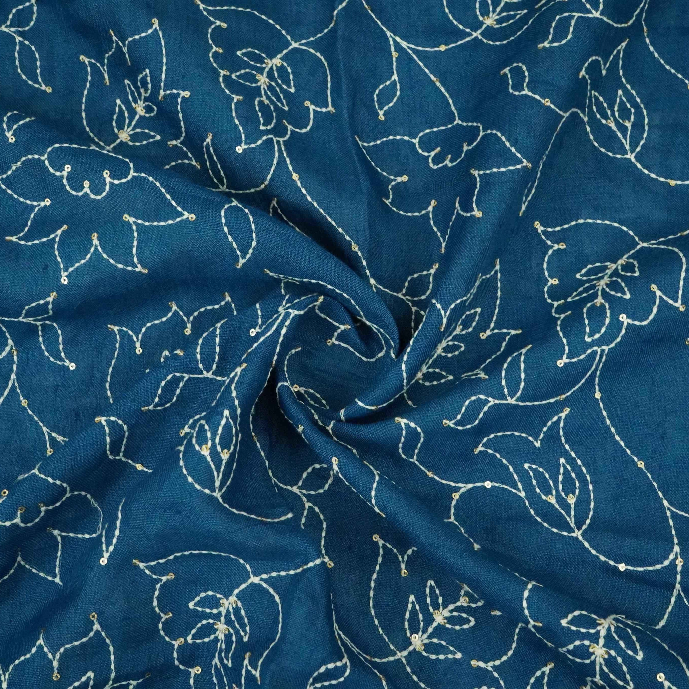 Denim Blue thread embroidery Pure Linen Fabric SN-31240 - TradeUNO
