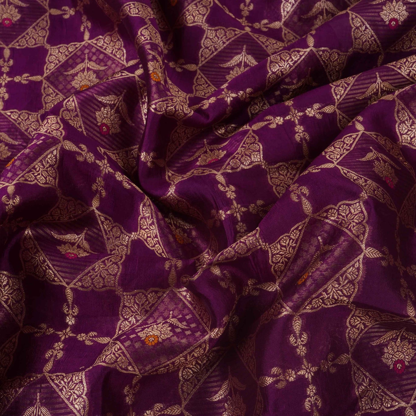 Purple Floral Jaal Dupion Silk Tissue Fabric YHF-32829