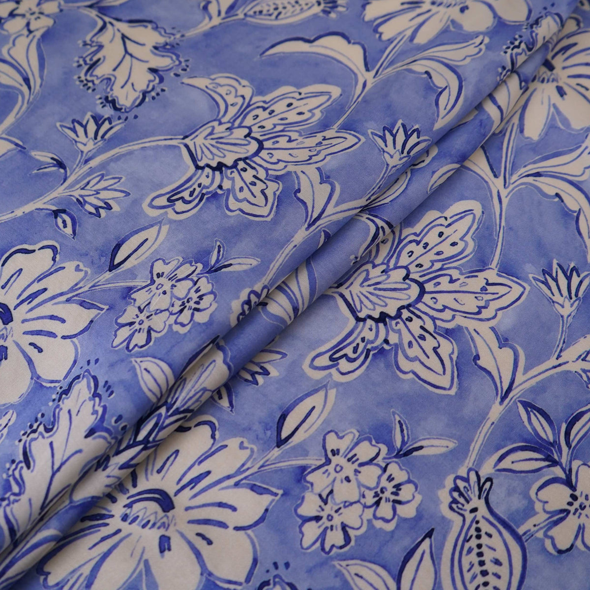 Sky Blue floral print Silk Satin Fabric NVC-31575 - TradeUNO