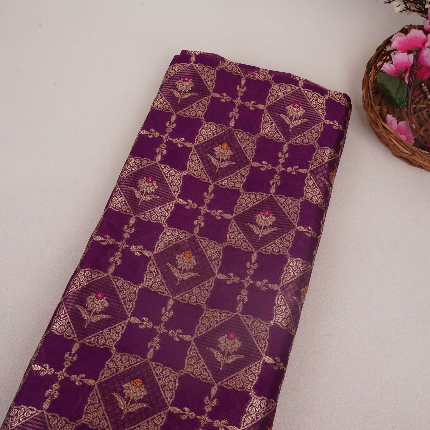 Purple Floral Jaal Dupion Silk Tissue Fabric YHF-32829