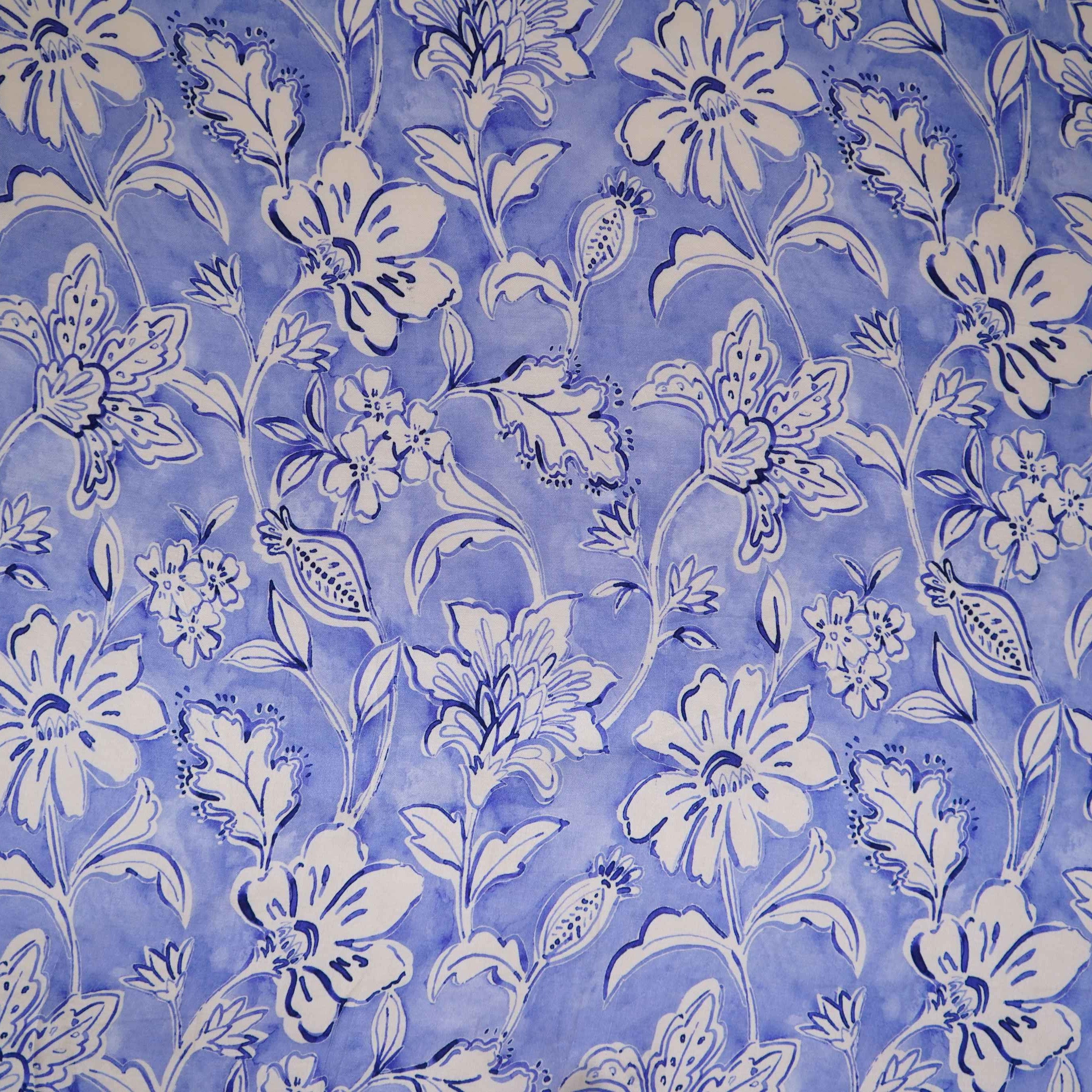 Sky Blue floral print Silk Satin Fabric NVC-31575 - TradeUNO