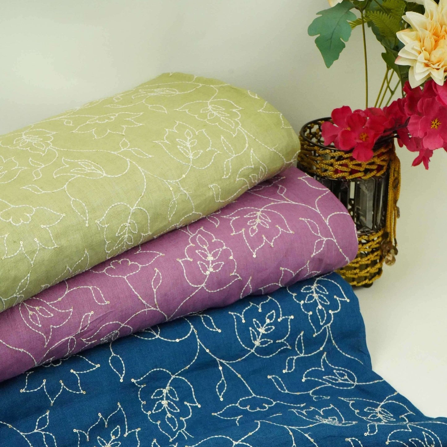 Denim Blue thread embroidery Pure Linen Fabric SN-31240