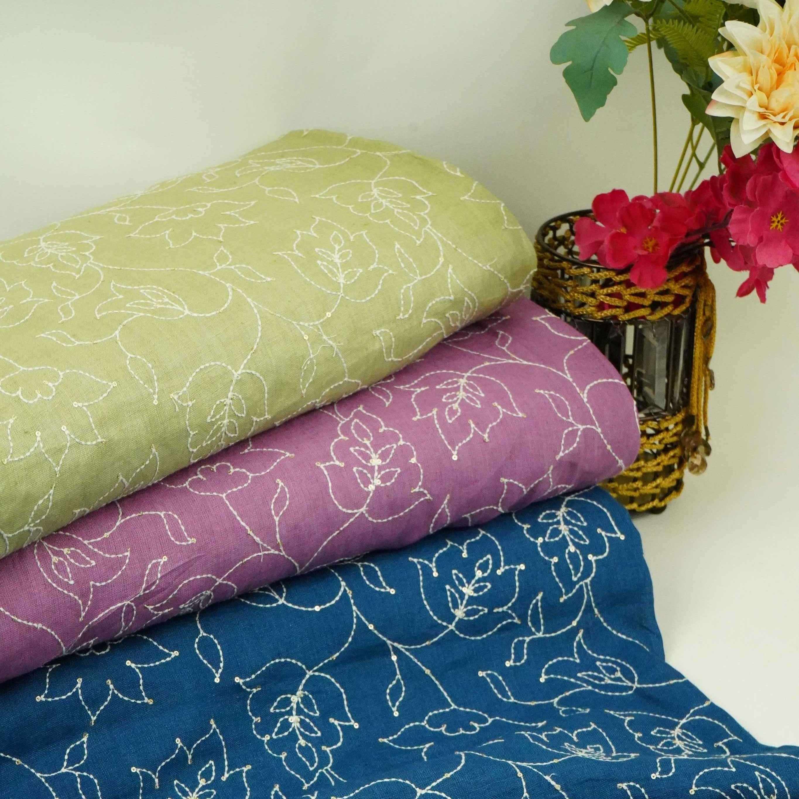Sage Green thread embroidery Pure Linen Fabric SN-31241 - TradeUNO
