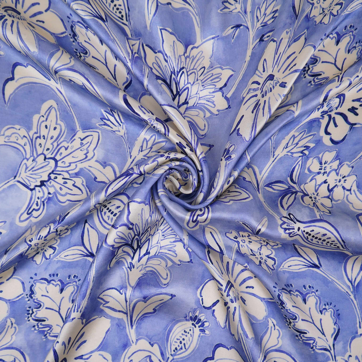 Sky Blue floral print Silk Satin Fabric NVC-31575 - TradeUNO