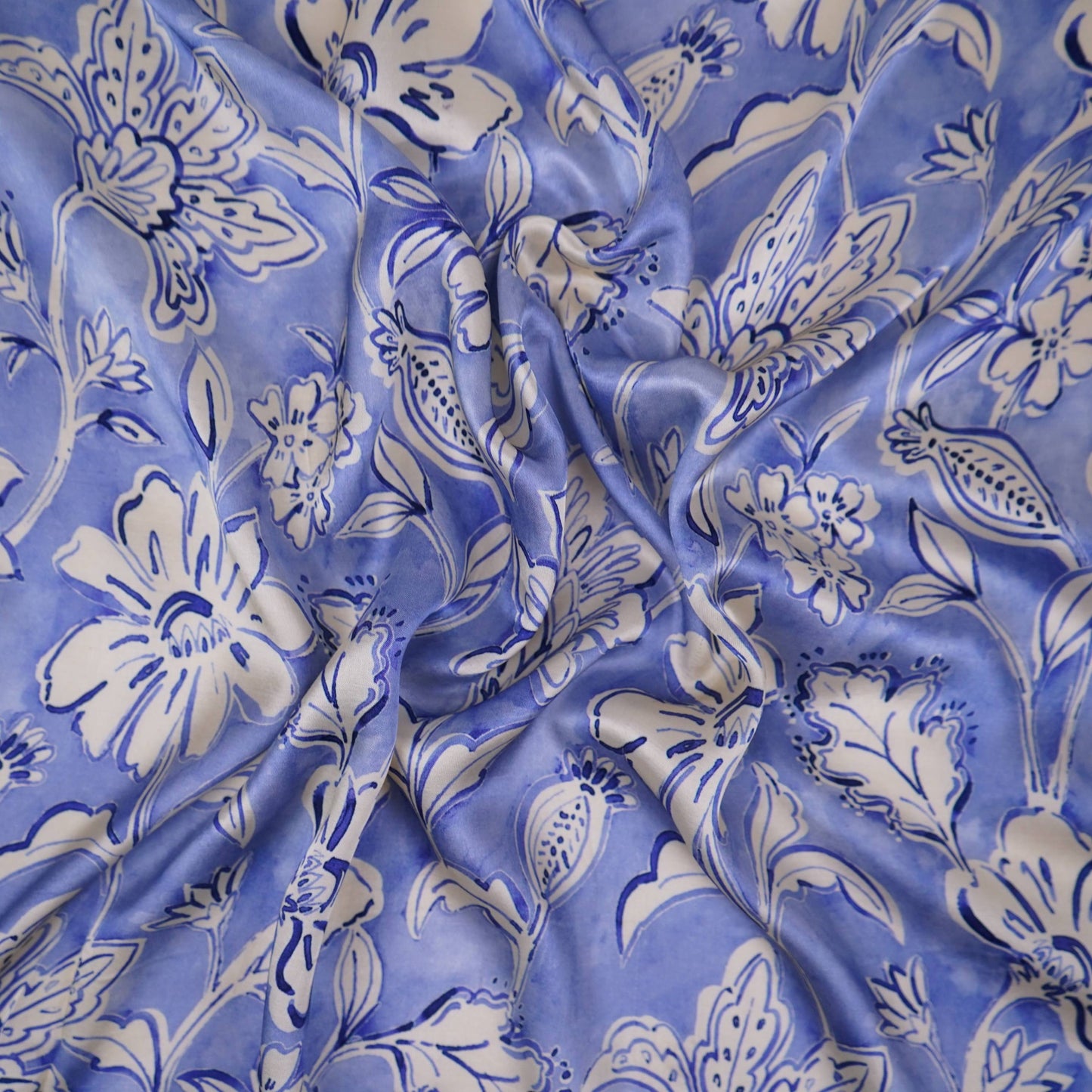 Sky Blue floral print Silk Satin Fabric NVC-31575