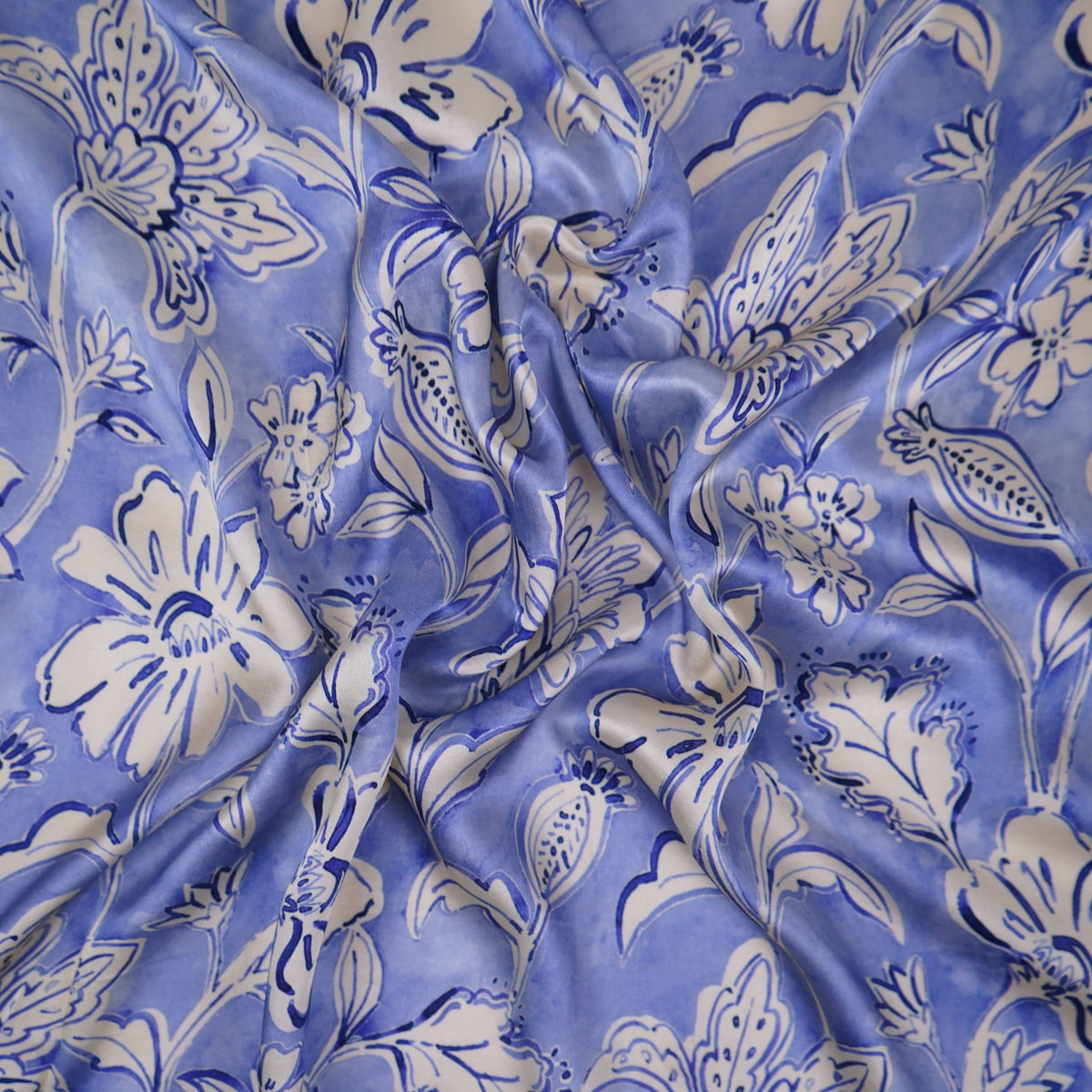Sky Blue floral print Silk Satin Fabric NVC-31575 - TradeUNO