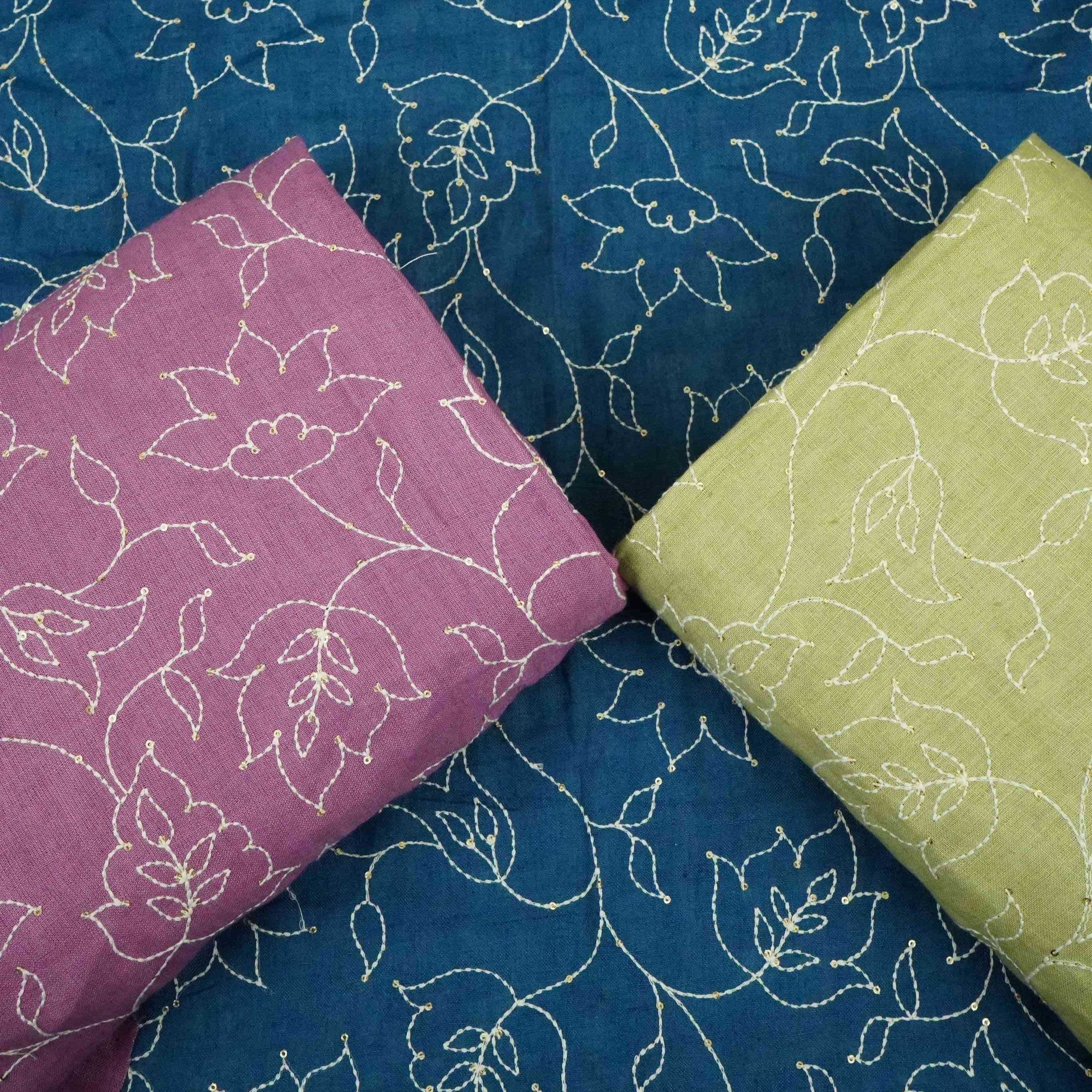 Denim Blue thread embroidery Pure Linen Fabric SN-31240 - TradeUNO