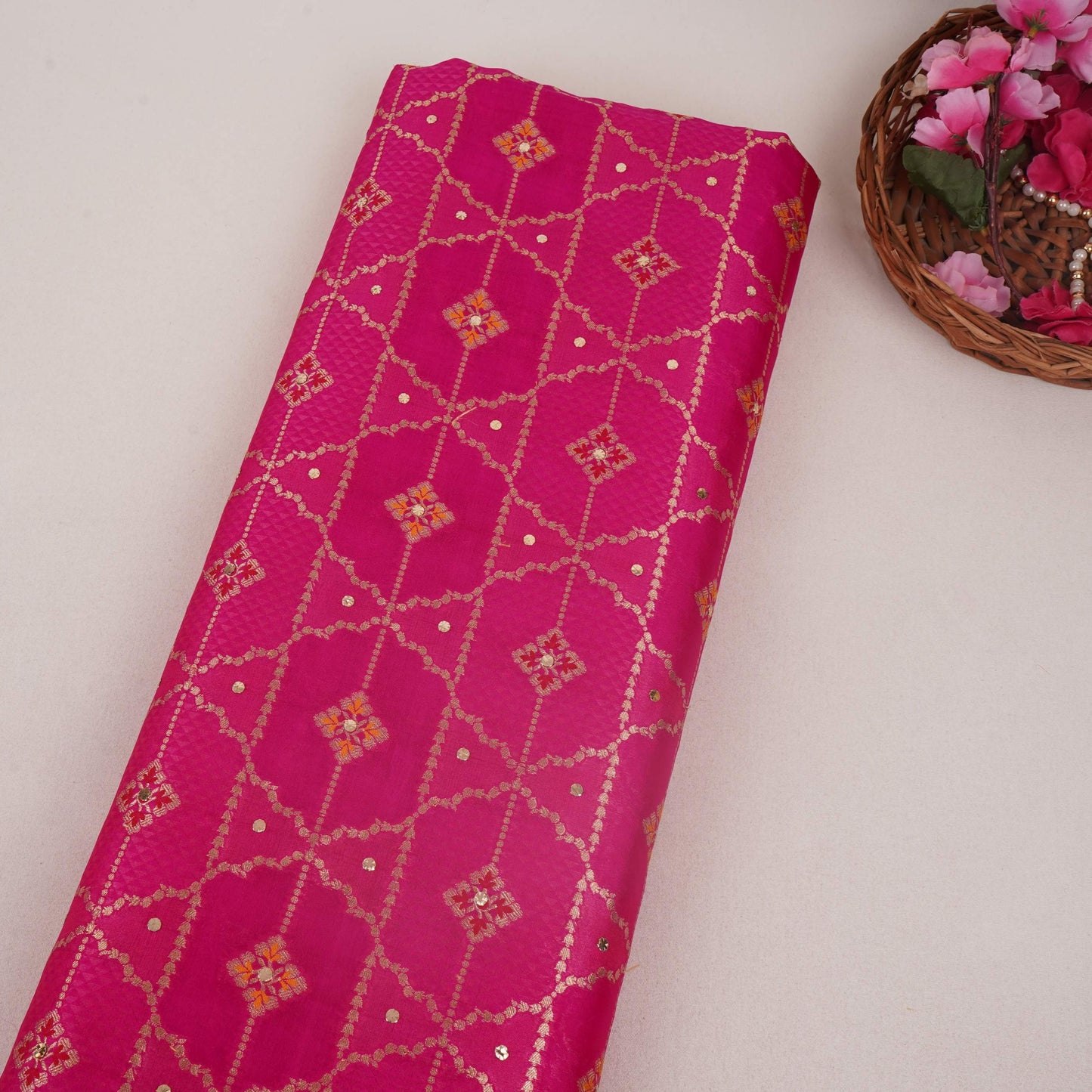 Pink Mukesh Work with Jacquard Dupion Silk Tissue Fabric YHF-32824
