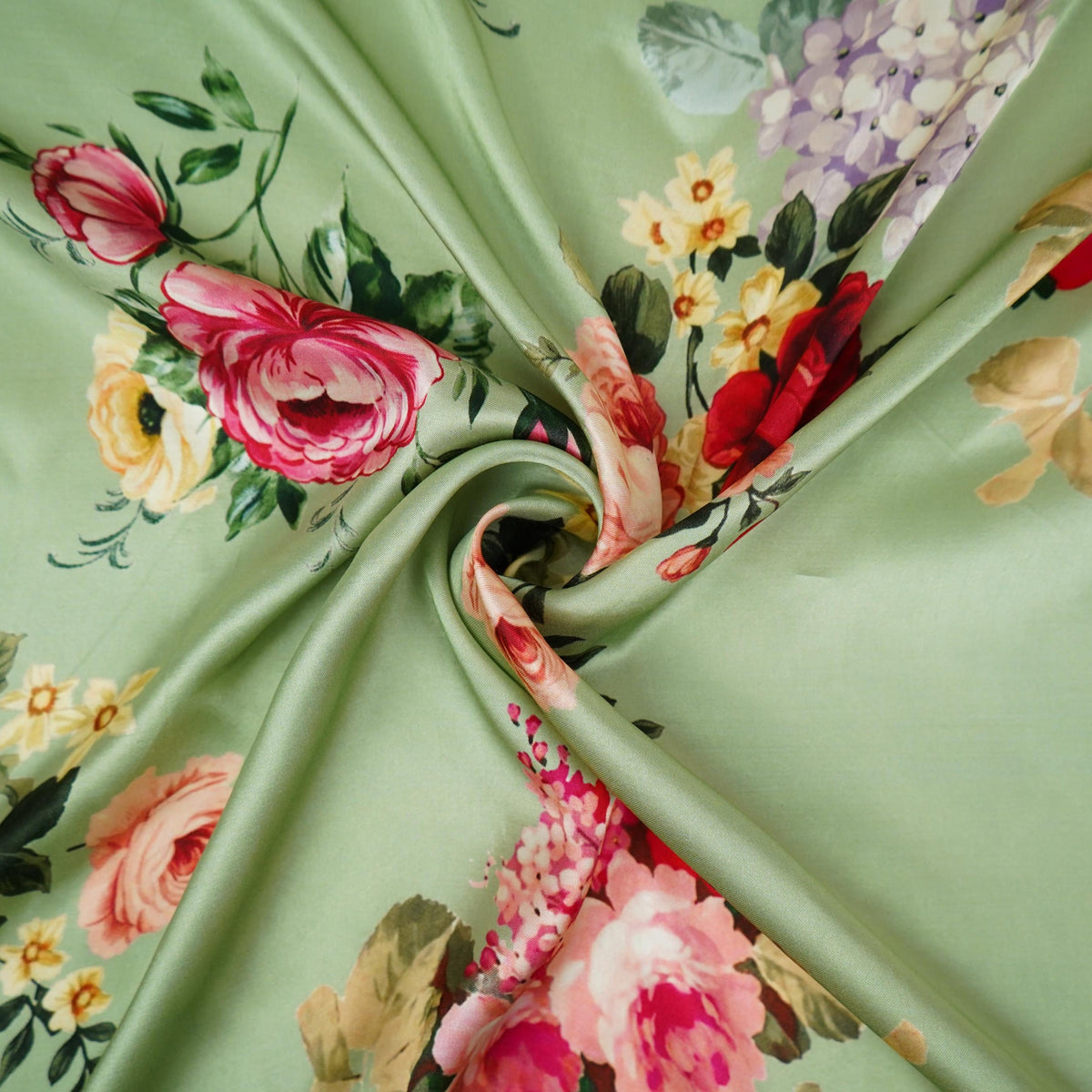 Mint floral print Silk Satin Fabric NVC-31580 - TradeUNO