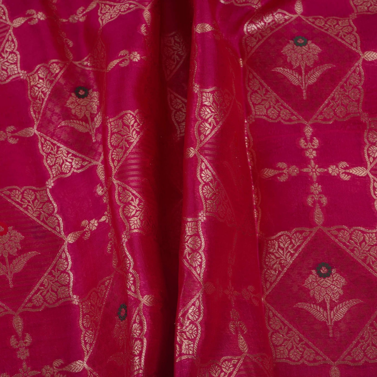 Pink Floral Jaal Dupion Silk Tissue Fabric YHF-32827