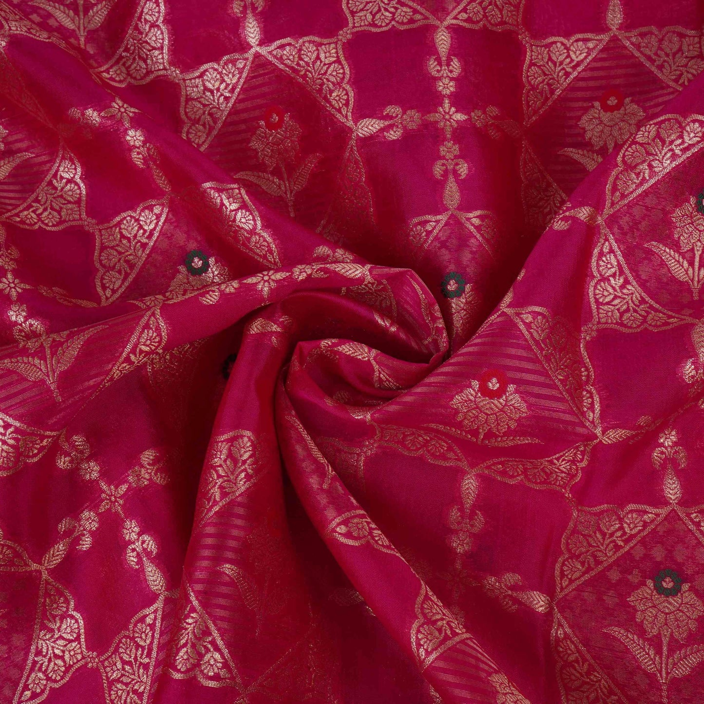Pink Floral Jaal Dupion Silk Tissue Fabric YHF-32827