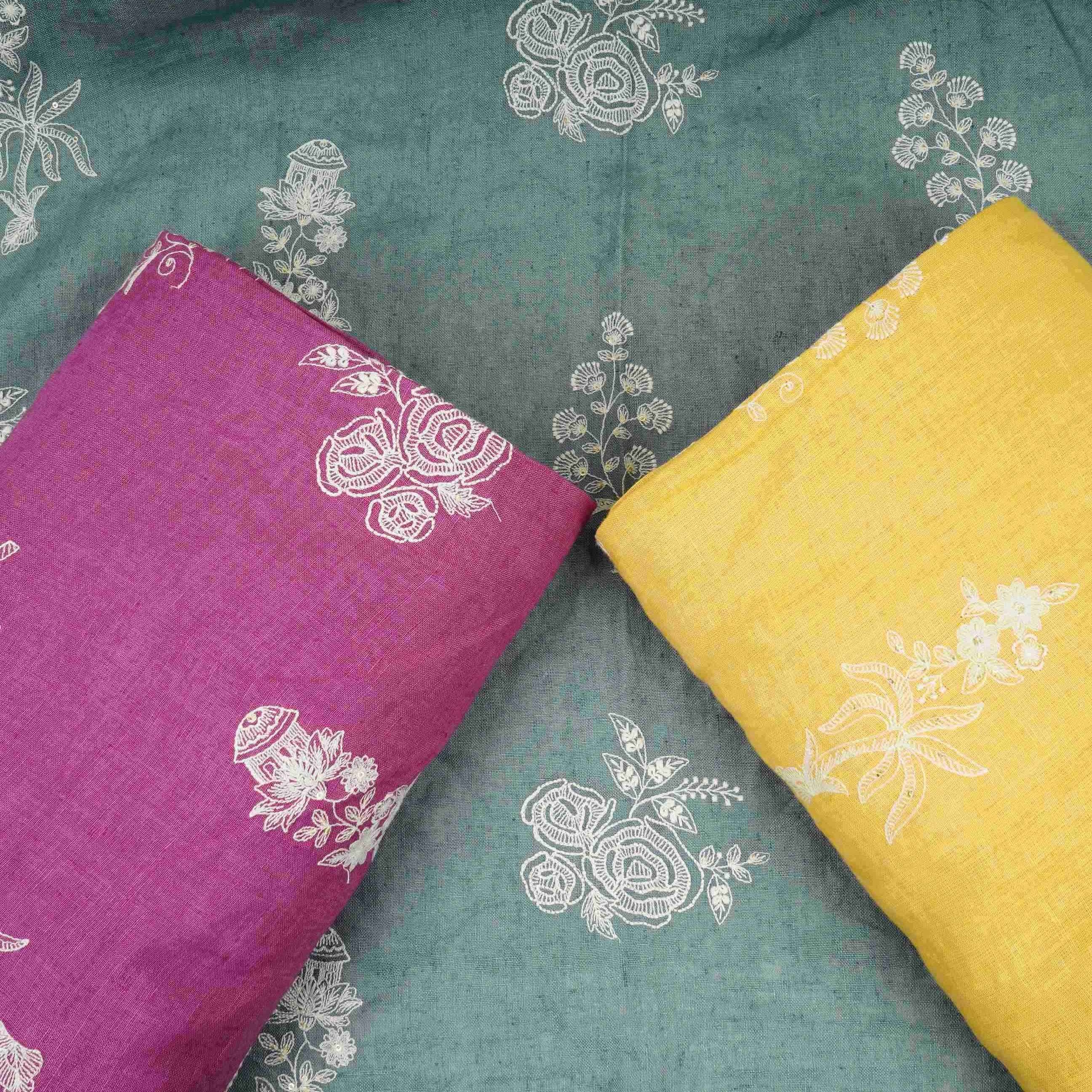 Mustard Yellow thread embroidery Pure Linen Fabric SN-31243 - TradeUNO
