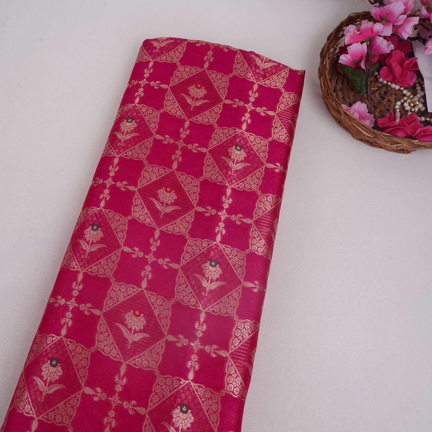 Pink Floral Jaal Dupion Silk Tissue Fabric YHF-32827