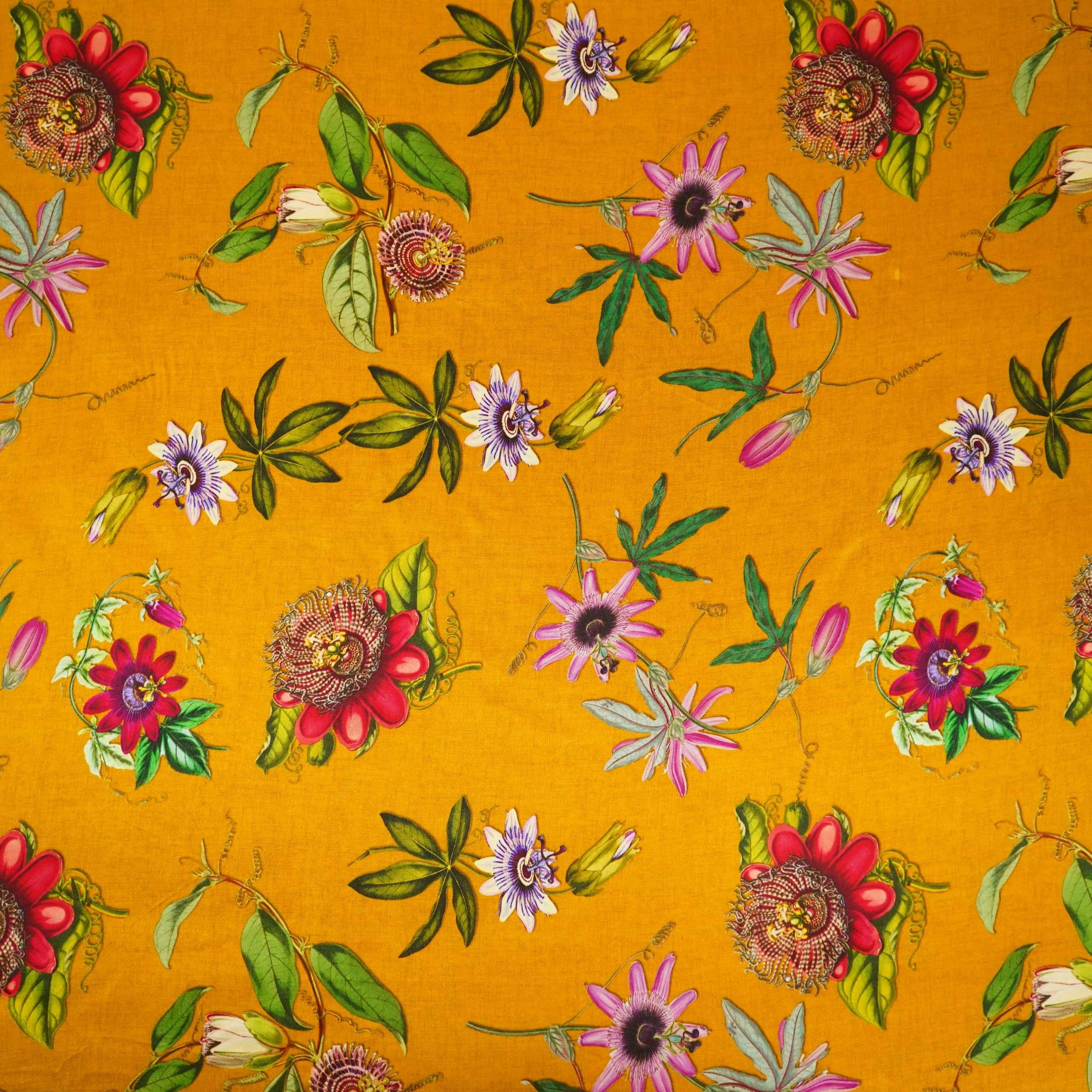 Mustard floral print Silk Satin Fabric NVC-31572 - TradeUNO