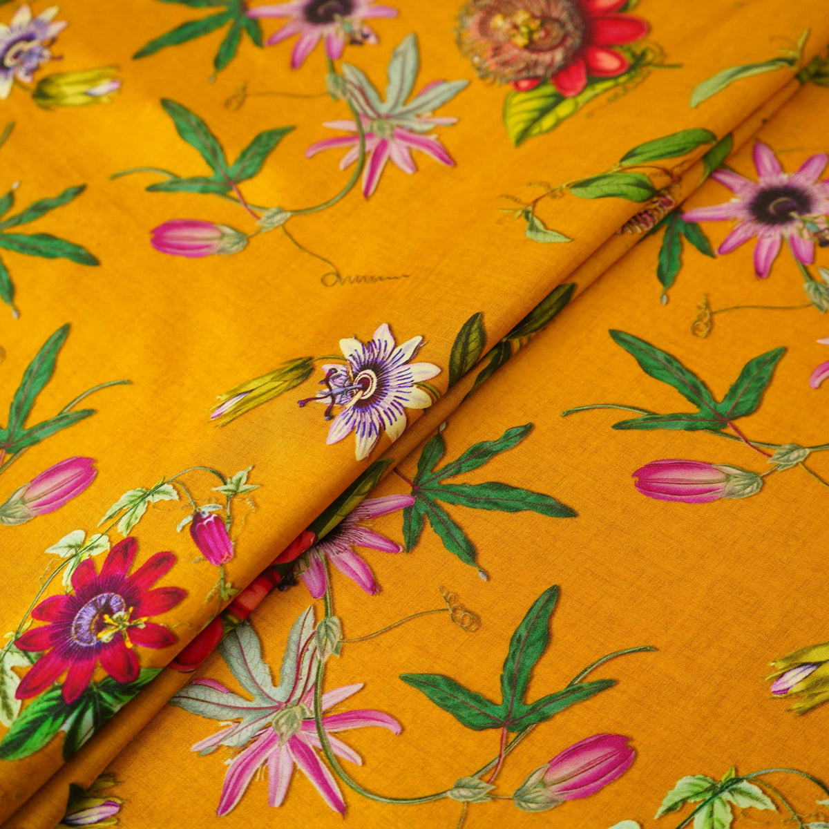 Mustard floral print Silk Satin Fabric NVC-31572 - TradeUNO