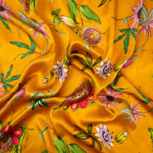 Mustard floral print Silk Satin Fabric NVC-31572 - TradeUNO