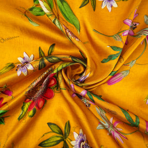 Mustard floral print Silk Satin Fabric NVC-31572 - TradeUNO