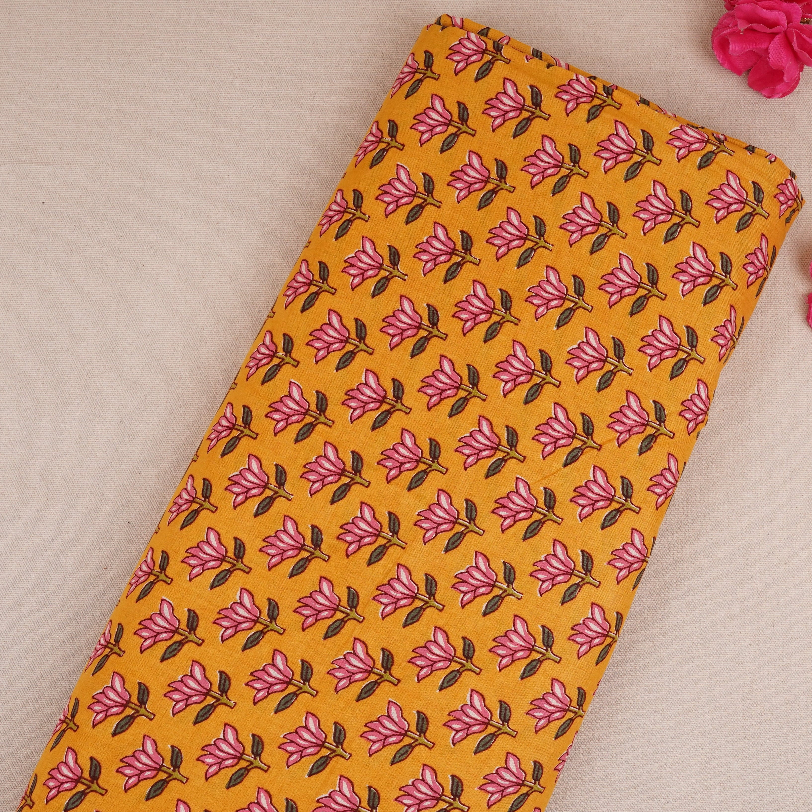 Mustard Yellow Handblock Print Cotton Fabric PB-29722 - TradeUNO