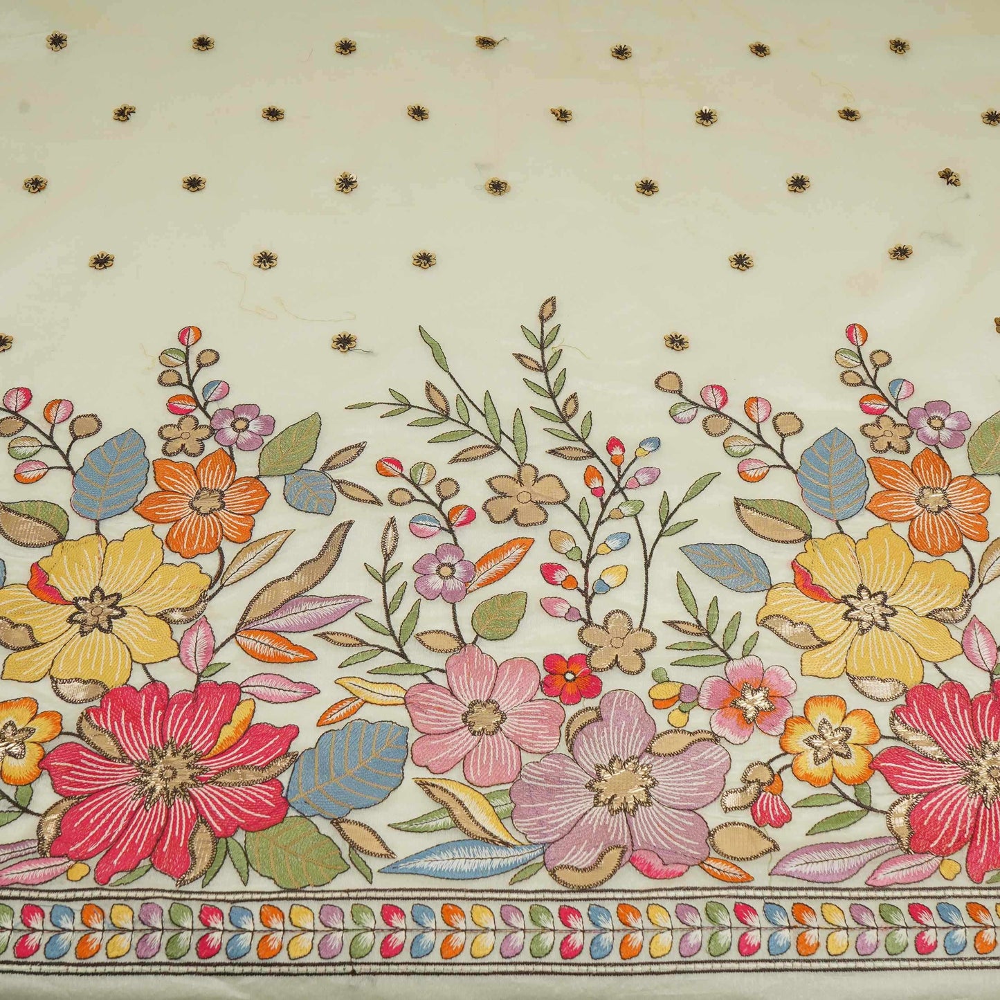 Off White Multicolor Floral Embroidery Pure Banaras Mul Chanderi Fabric SGS-30702