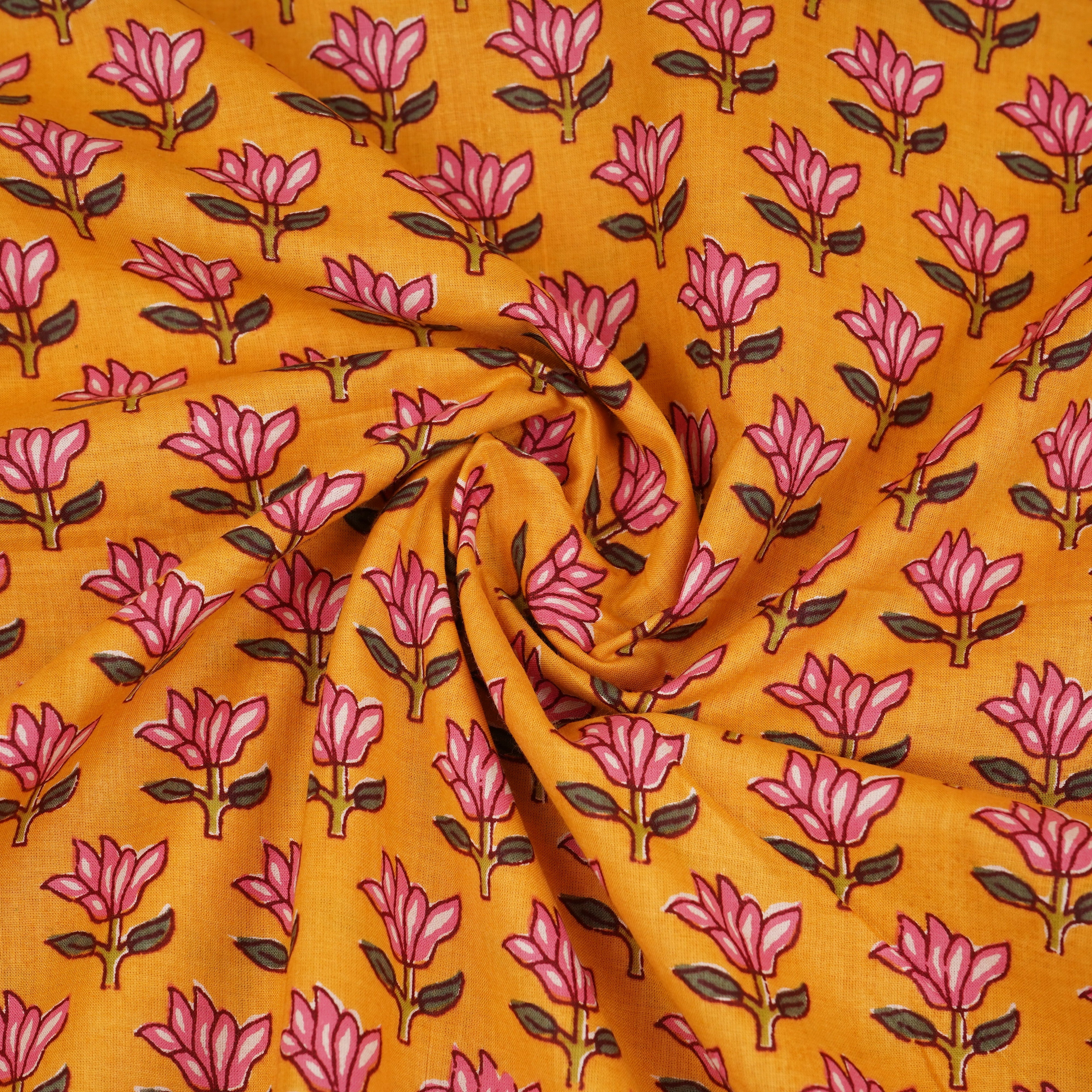 Mustard Yellow Handblock Print Cotton Fabric PB-29722 - TradeUNO