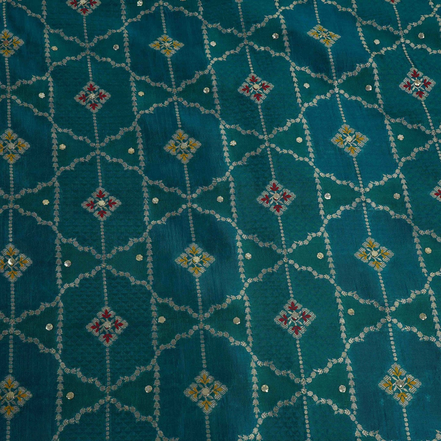 Teal Green Mukesh Work with Jacquard Dupion Silk Tissue Fabric YHF-32823