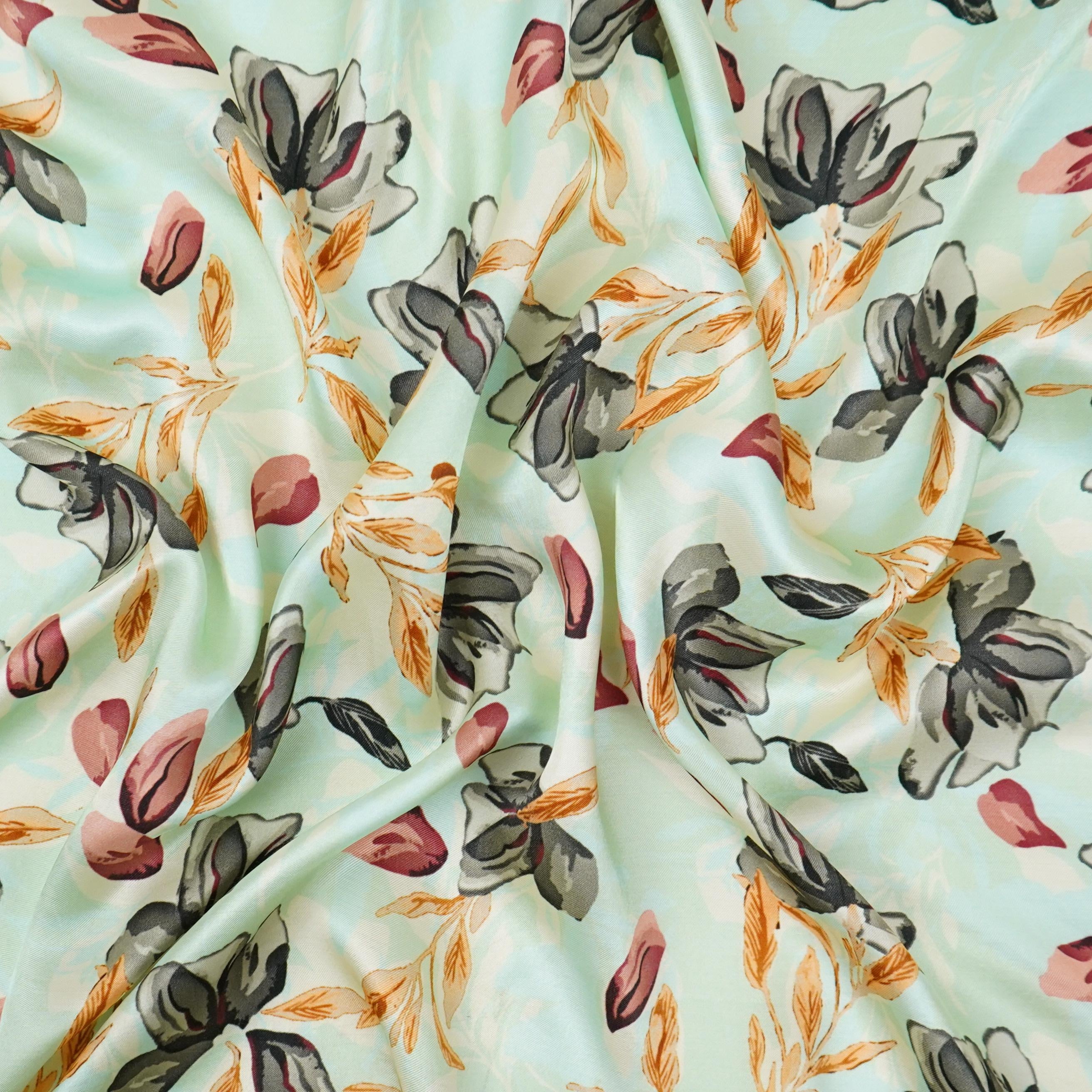 Mint Green floral print Silk Satin Fabric NVC-31561 - TradeUNO