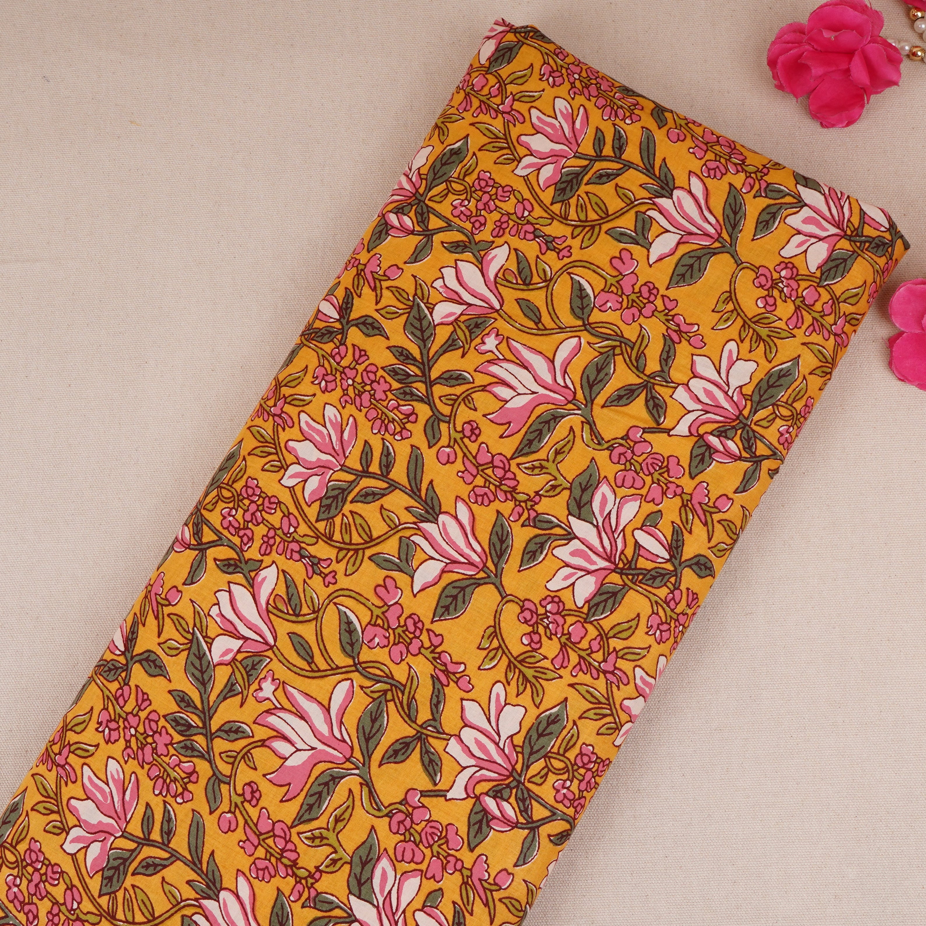 Mustard Yellow Floral Handblock Print Cotton Fabric PB-29723 - TradeUNO