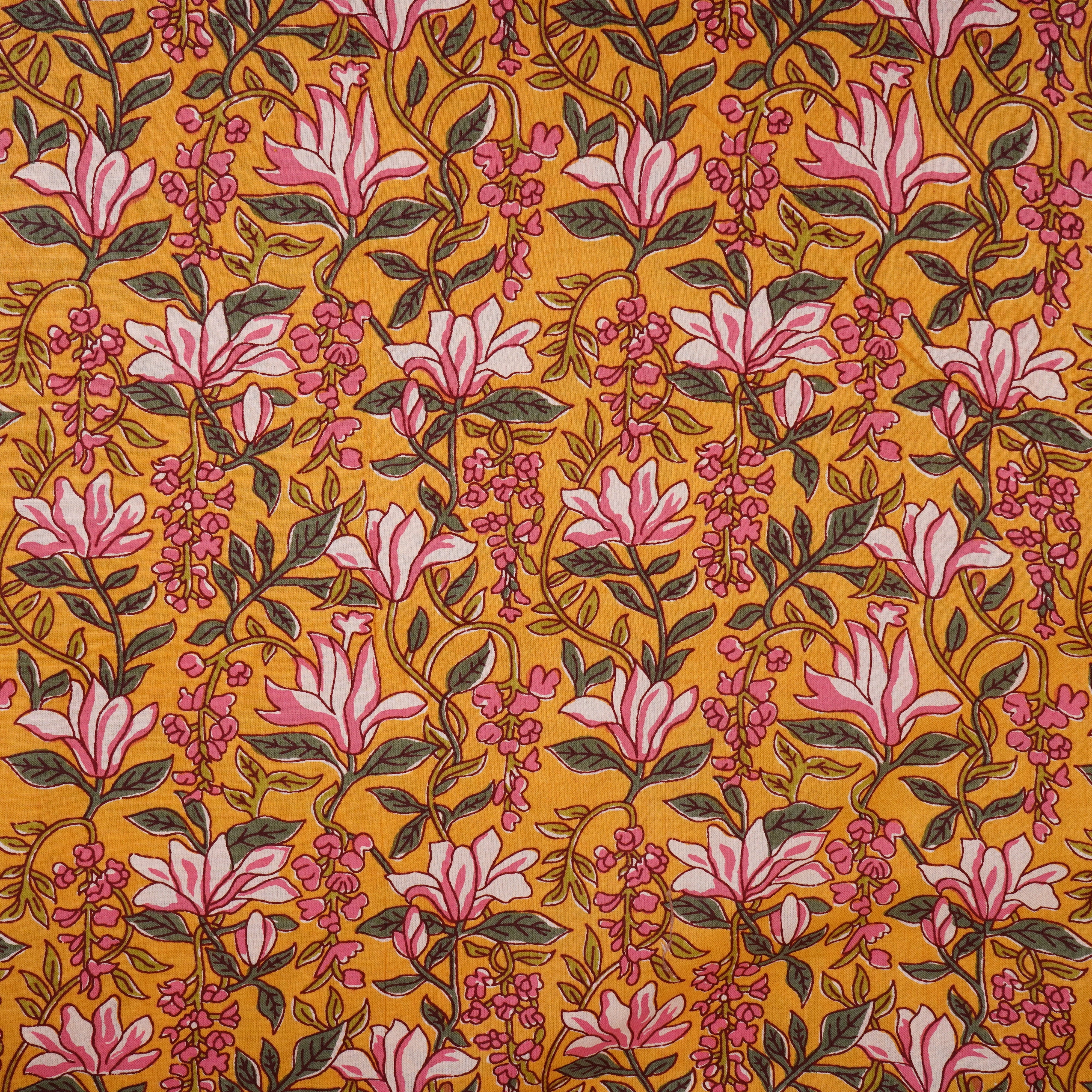 Mustard Yellow Floral Handblock Print Cotton Fabric PB-29723 - TradeUNO