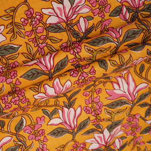 Mustard Yellow Floral Handblock Print Cotton Fabric PB-29723 - TradeUNO