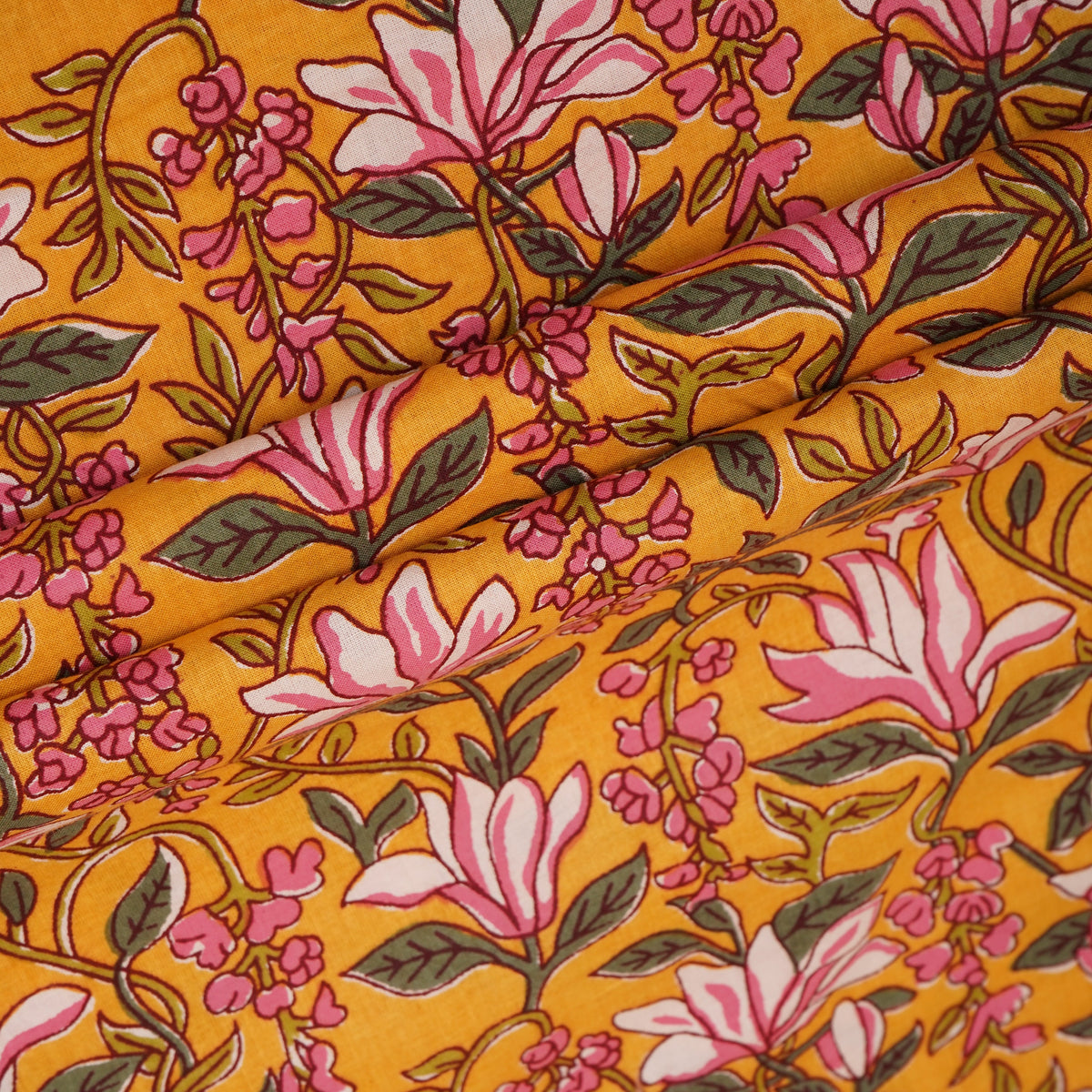 Mustard Yellow Floral Handblock Print Cotton Fabric PB-29723 - TradeUNO