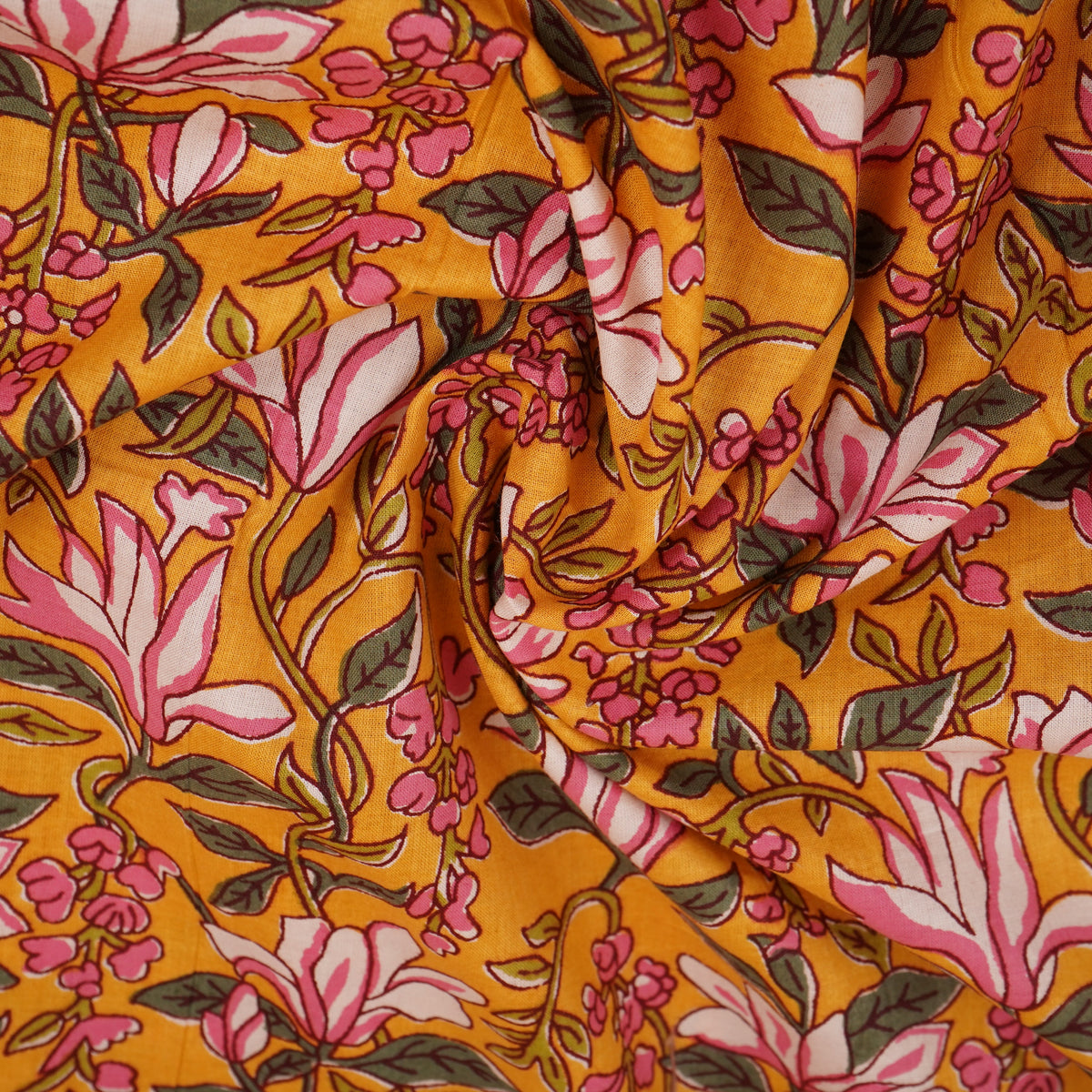 Mustard Yellow Floral Handblock Print Cotton Fabric PB-29723 - TradeUNO