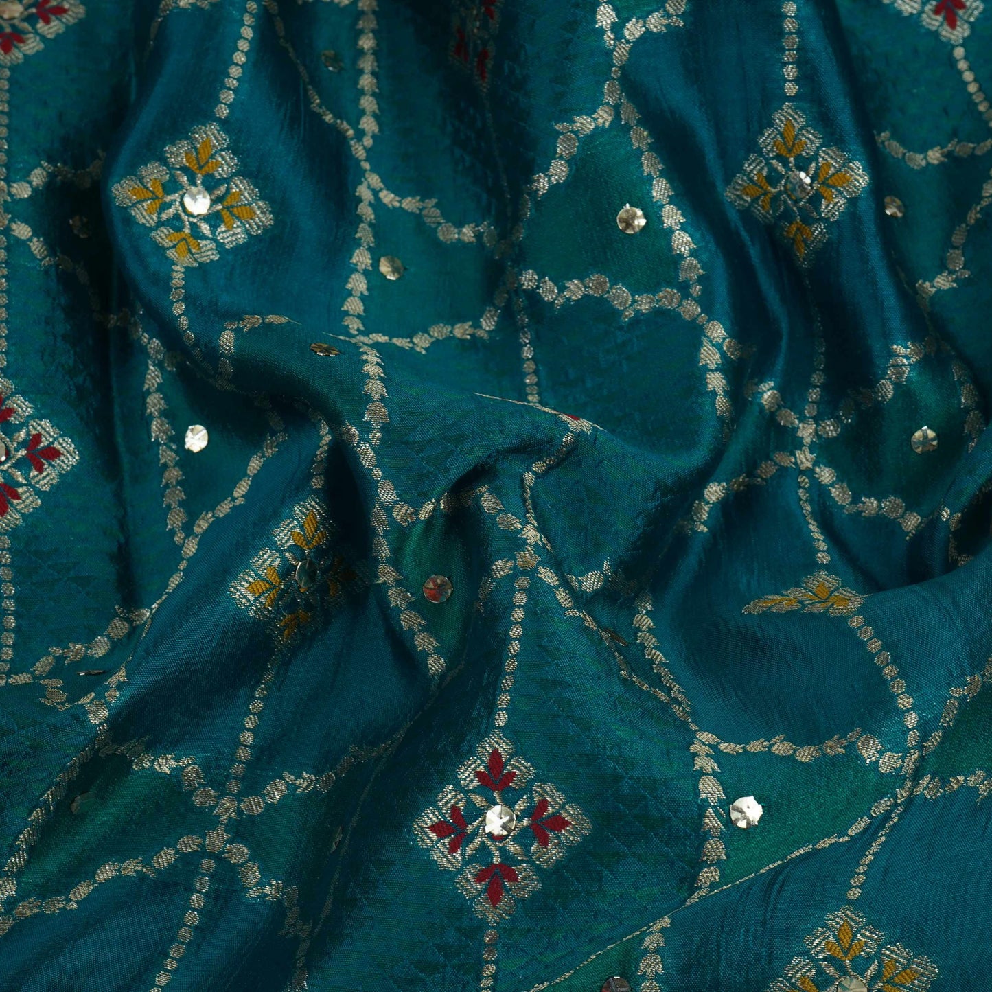 Teal Green Mukesh Work with Jacquard Dupion Silk Tissue Fabric YHF-32823