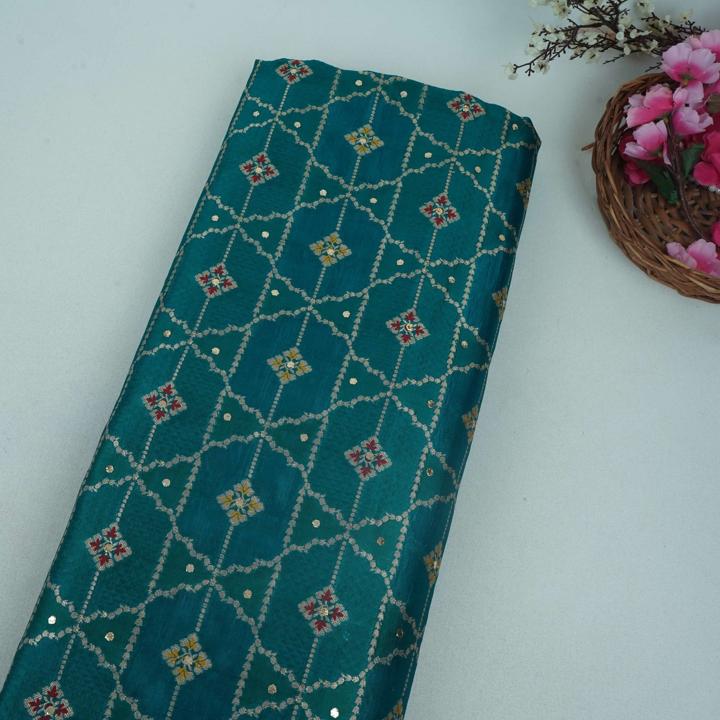Teal Green Mukesh Work with Jacquard Dupion Silk Tissue Fabric YHF-32823